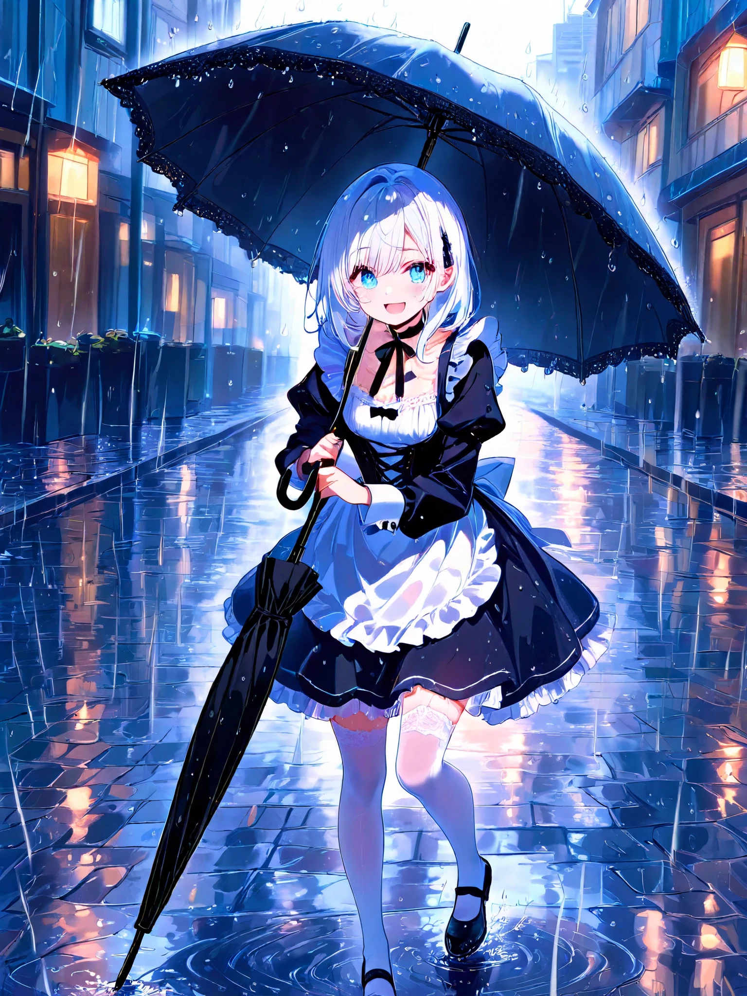 1girl, (masterpiece:1.2), best quality, amazing quality, 4K, high resolution, extremely fine, (hyper detailed), maid uniform, medium hair, white hair, detailed face, (detailed eyes), blue eyes, white blouse with puffed sleeves and a high collar, black knee-length skirt with white lace trim, slightly wet from rain, black corset-style apron with frilly white details, slightly damp, black ribbon choker, small silver bell brooch, black mary jane shoes, white thigh-high stockings with lace trim, BREAK, (one hand holding black large umbrella with lace trim), raindrops visible on the umbrella, standing under an umbrella, big smile, rainy cobblestone street with reflections of streetlights on wet ground, overcast sky,