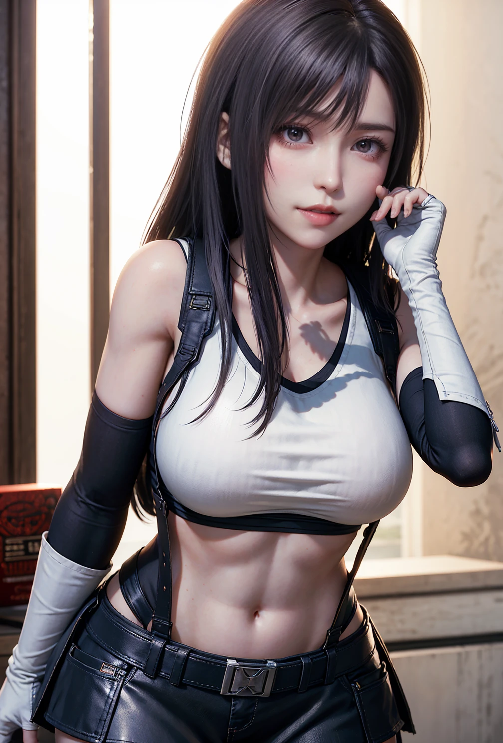 (Top Quality, Masterpiece: 1.1), (Realistic: 1.3), BREAK (((FF7,Tifa_lockhart))),(tifa_lockhart and monsters)(A dark, barely lit torture chamber:1.3),(face focus:1.1) BREAK (((FF7,Tifa_lockhart))),(Light Brown Hair, Large breasts),(Tifa_lockhart uniform:1.3, suspenders, low rise, mini skirt, tank top),clothed:1.2, BREAK (((FF7,Tifa_lockhart))),(crowd of monster:1.3),(many monsters:1.2), wet hair, about 18 years old,sensual, looking away:1.2, monsters attaking,Tifa_lockhart faghting