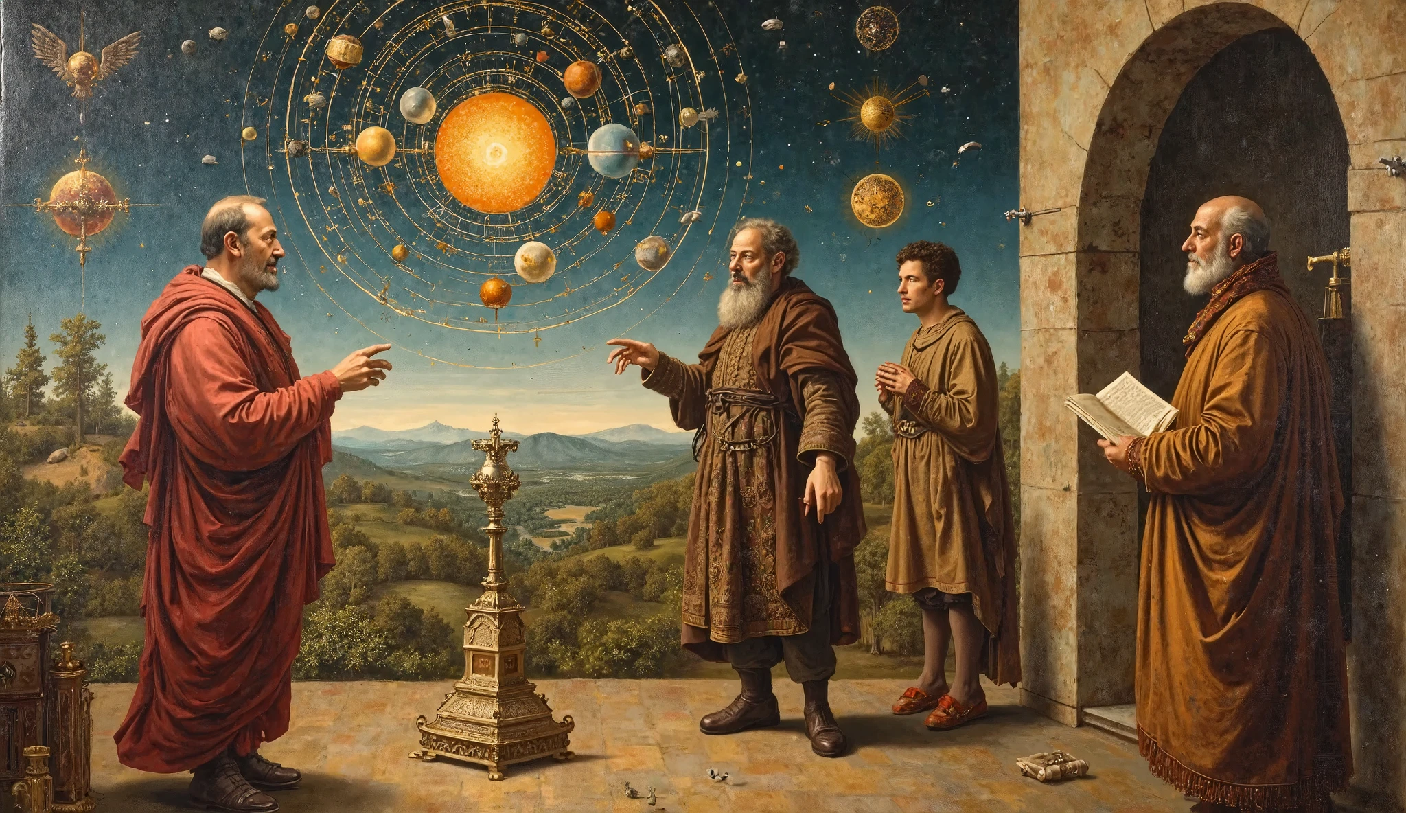 At the center of a celestial observatory, an astrologer clad in robes adorned with stars and galaxies gazes into an aetheric telescope. The observatory is suspended in space, with planets and constellations visible through its transparent walls. As the astrologer maps the heavens, streams of aetheric energy flow from the stars, connecting with the runes and symbols inscribed on the floor. The scene embodies the infinite wisdom of the cosmos. , the scene is captured in dimly lit dark fantasy but vibrant colors, with bold ink lines defining form against the watercolor wash of the aged paper