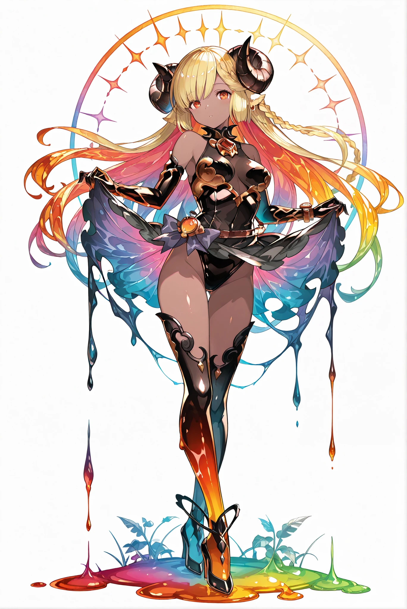 ( stands,whole body,heels,front view,Standing picture,white background:1.7),HoleHeels,oval/Circle/Thorn/Horn Heels,,Limited Color Palette,Colorful,Vivid Color,flashing silhouette,neon,black light ,watch, masterpiece, Very Beautiful,, shiny skin, golden ornaments, , Granblue_ fantasy, Helel_Ben_Shalem, dark skin, Blonde, long hair, braid, red eyes,plant girl, monster girl, nature, asta4282 , sheep horns, sheep girl, orange eyes, slime (substance)