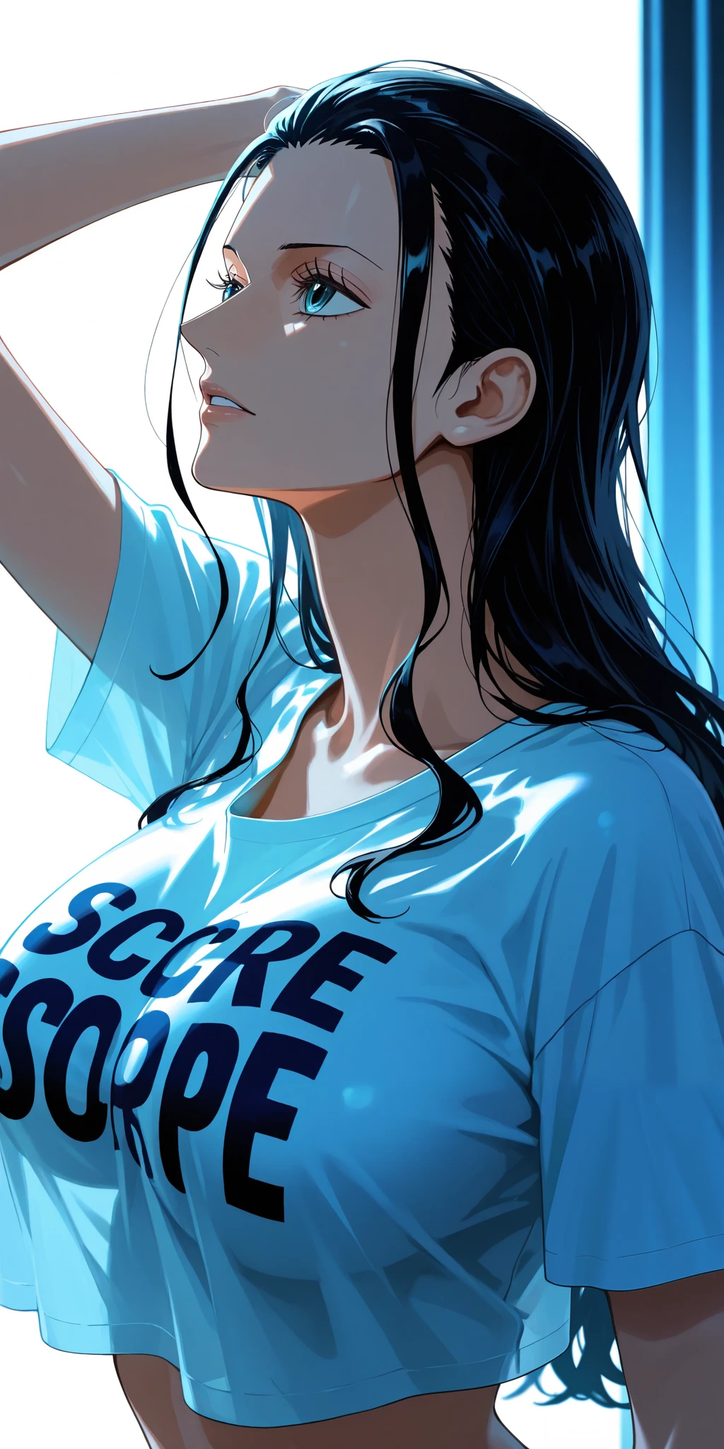 masterpiece, high score, great score, absurdres, close-up, beautiful woman, Nico Robin, one piece, black hair, long hair, hair slicked back, beautiful blue eyes, crop top t-shirt overhang, simple background, vivid colors, volumetric lighting, soft lighting, facing up, side view