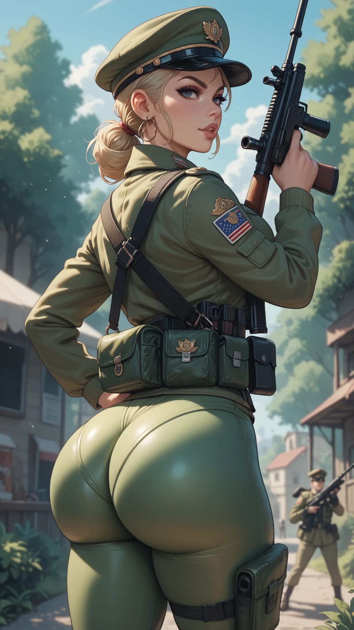 1girl, best quality, cowboy shot, gina lestrade, green hat, hat, white shirt, green vest, vest, gray pants, tight pants, ???????????, wide ????, ????, ??????????, ???, large ???, suggestive