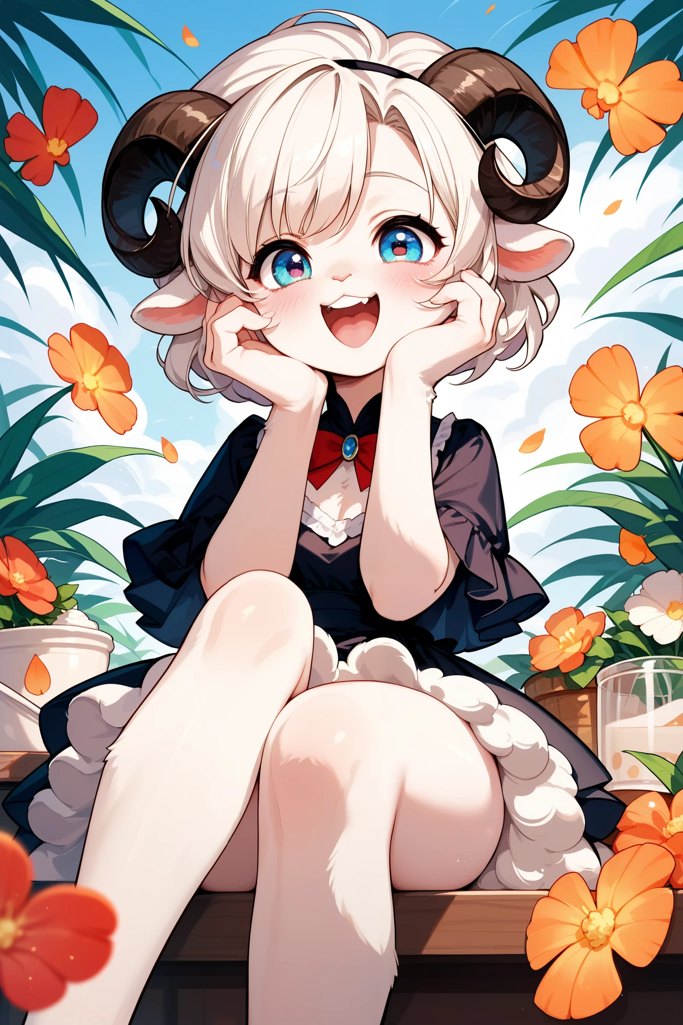 1 cute Girl , cute fur ,furry, ram face, sheep girl, (Alluring, blush, tooth), Extremely cute, (cross legs, cute pose ), Cafe Background, laugh, (TOP QUALITY:1.2, very detailed, High Detailed CG Illustration, Soft Focus , masterpiece:1.2, BEST AESTHETICS)