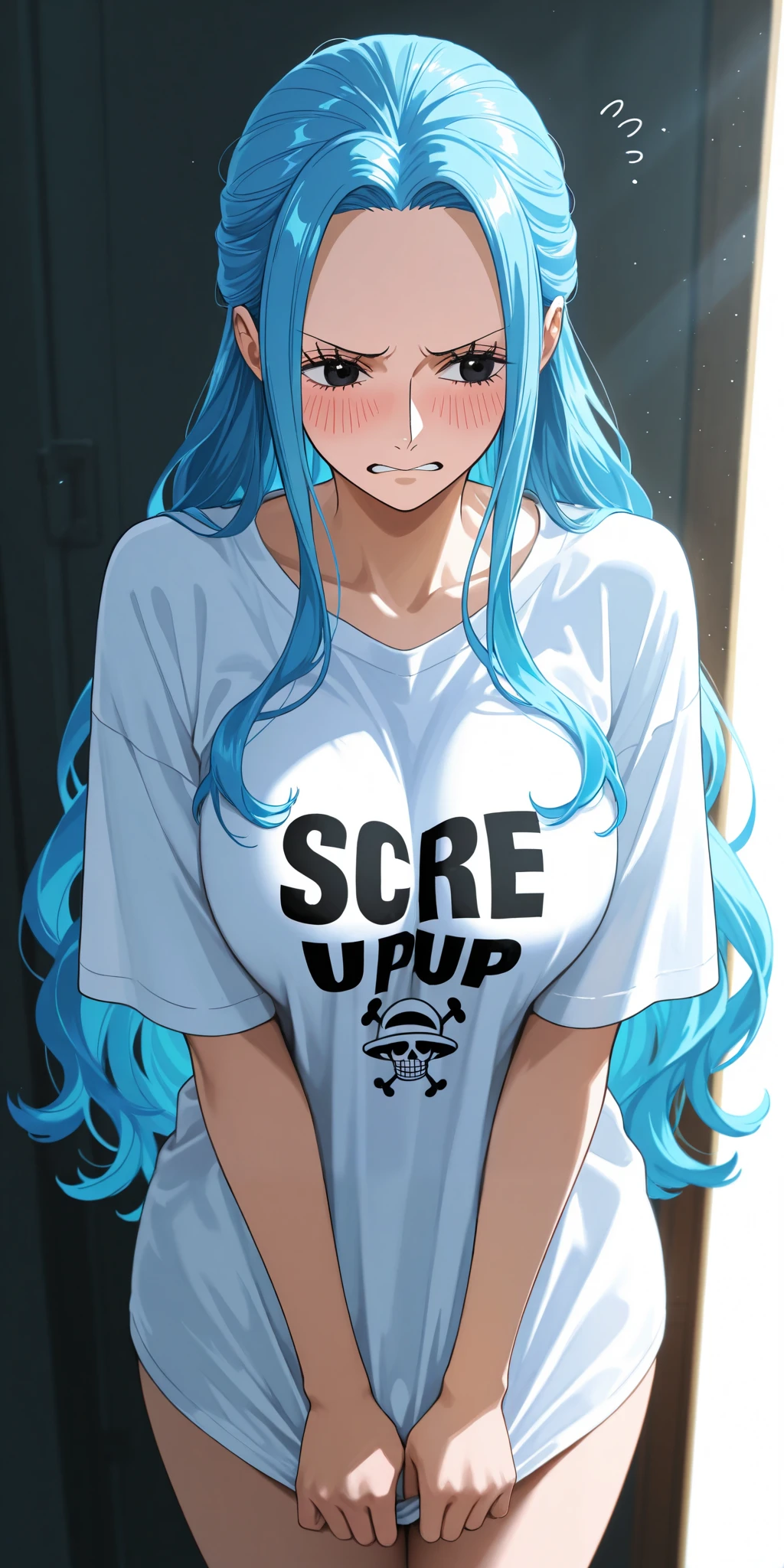 masterpiece, high score, great score, absurdres, close-up, beautiful woman, Nefertari Vivi, one piece, blue hair, long hair, beautiful black eyes, embarrassed, blush, oversized t-shirt, simple background, vivid colors, volumetric lighting, soft lighting, cowboy shot 