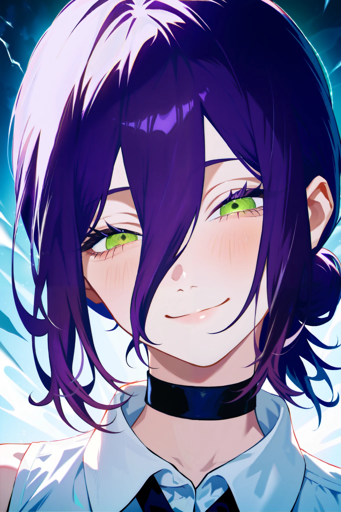 1girl, reze, chainsaw man, reze \(chainsaw man\), safe, year 2025, choker, close-up, collared_shirt, eyelashes, hair_between_eyes, hair_bun, half-closed_eyes, head_tilt, long_hair, long_hair_between_eyes, looking_at_viewer, portrait, shirt, sidelocks, colored_backround, single_hair_bun, smile, solo, short hair, purple hair, green eyes, hair between eyes, masterpiece, high score, great score, absurdres,best quality,amazing quality,very aesthetic,high resolution,ultra-detailed,newest, depth_of_field,high definition eyes,high gradient eyes,detailed eyes,eyesHD