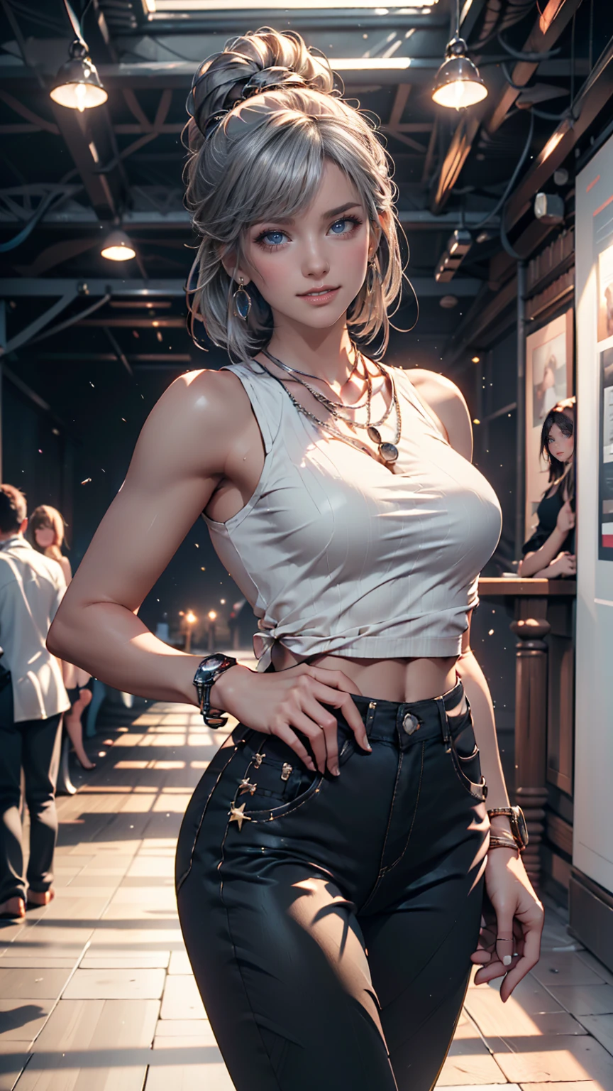 (ultra realistic,32k, masterpiece:1.2),(high detailed skin:1.1),( high quality:1.1),
<lora:doachristie-nvwls-v1:0.8>(grimace:1.1)doaChristie, white hair, blue eyes, short hair, black sweater, sleeveless, turtleneck, belt, black pants, black gloves, fingerless gloves, dreamweaver's haven, surreal landscapes, lucid dreams, sanctuary for dreamweavers blurry background,(huge breast,large breast:1.1),(looking at viewer, standing,:1.1),, <lora:add_detail:0.88>,
(bioluminiscent:1.1),