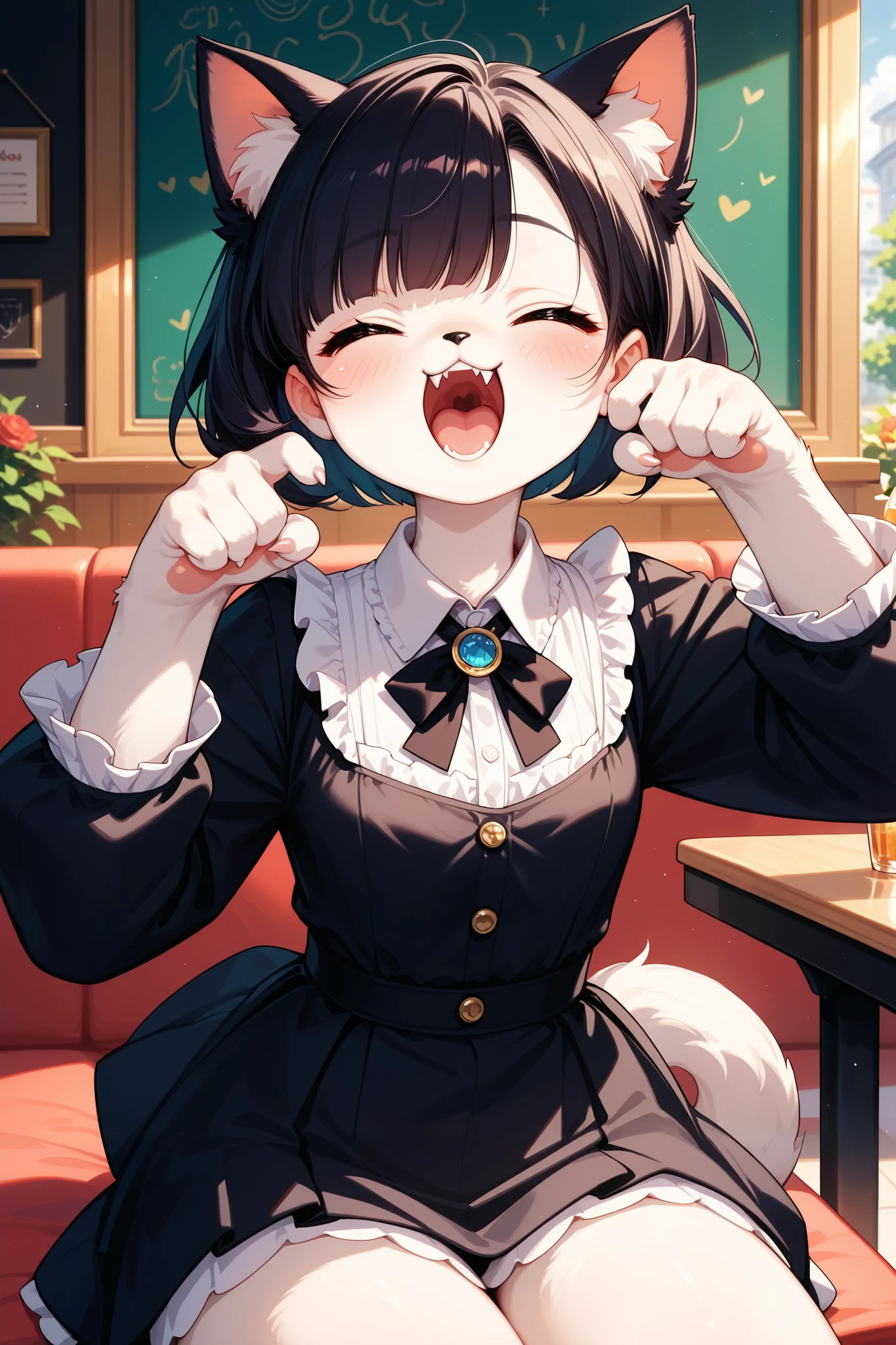1 cute Girl ,cute fur ,furry, cat face\sham cat, cat girl, (Alluring, blush, tooth, bob cut\black), Extremely cute, (cross legs, cute pose ), Cafe Background, Yawn:1.3, (TOP QUALITY:1.2, very detailed, High Detailed CG Illustration, Soft Focus , masterpiece:1.2, BEST AESTHETICS)
