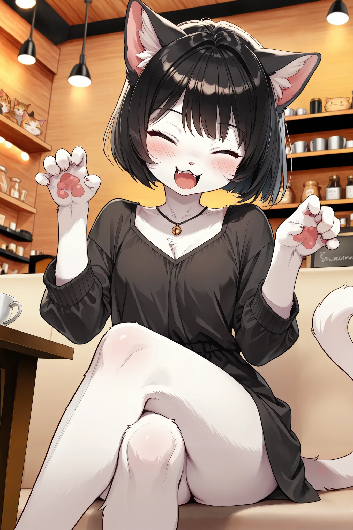1 cute Girl ,cute fur ,furry, cat face\sham cat, cat girl, (Alluring, blush, tooth, bob cut\black), Extremely cute, (cross legs, cute pose ), Cafe Background, Yawn:1.3, (TOP QUALITY:1.2, very detailed, High Detailed CG Illustration, Soft Focus , masterpiece:1.2, BEST AESTHETICS)