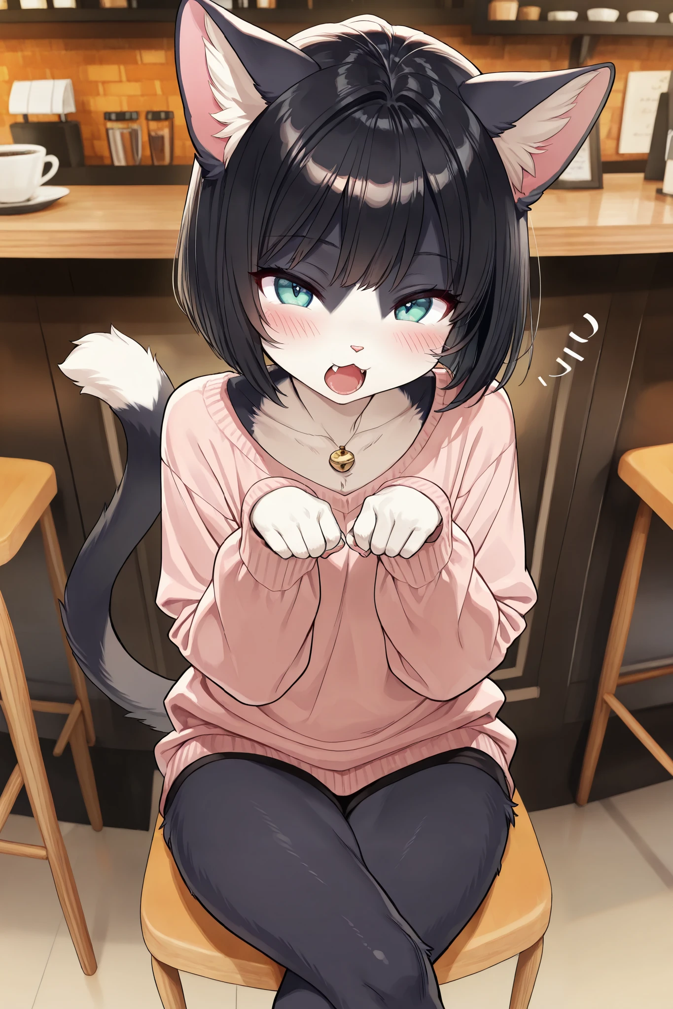 1 cute Girl ,cute fur ,furry, cat face\sham cat, cat girl, (Alluring, blush, tooth, bob cut\black), Extremely cute, (cross legs, cute pose ), Cafe Background, Yawn:1.3, (TOP QUALITY:1.2, very detailed, High Detailed CG Illustration, Soft Focus , masterpiece:1.2, BEST AESTHETICS)