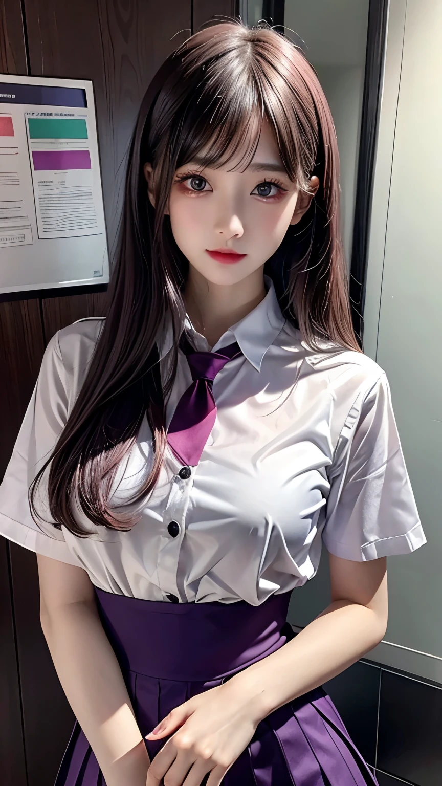 (Highest quality、8k、32K、masterpiece、Hmph:1.2)、(masterpiece, Highest quality), Realistic photos, high school girl、very cute、15 years old、Short Ponytail、sexy、Instagram, Bright colors, High Dynamic Contrast, Slender figure、thin、Small, shapely breasts、One person、Gray Hair、 Purple eyes, Lips parted, blush, compensate, 軽いsmile, Red tie、A thin white short-sleeved shirt that is slightly translucent.、sexy、Green exy、Sweat, Wet, light, Shine, Tight waist, (masterpiece), Pink Wallpaper,Sitting in a chair、I can see your thighs、sexy、smile