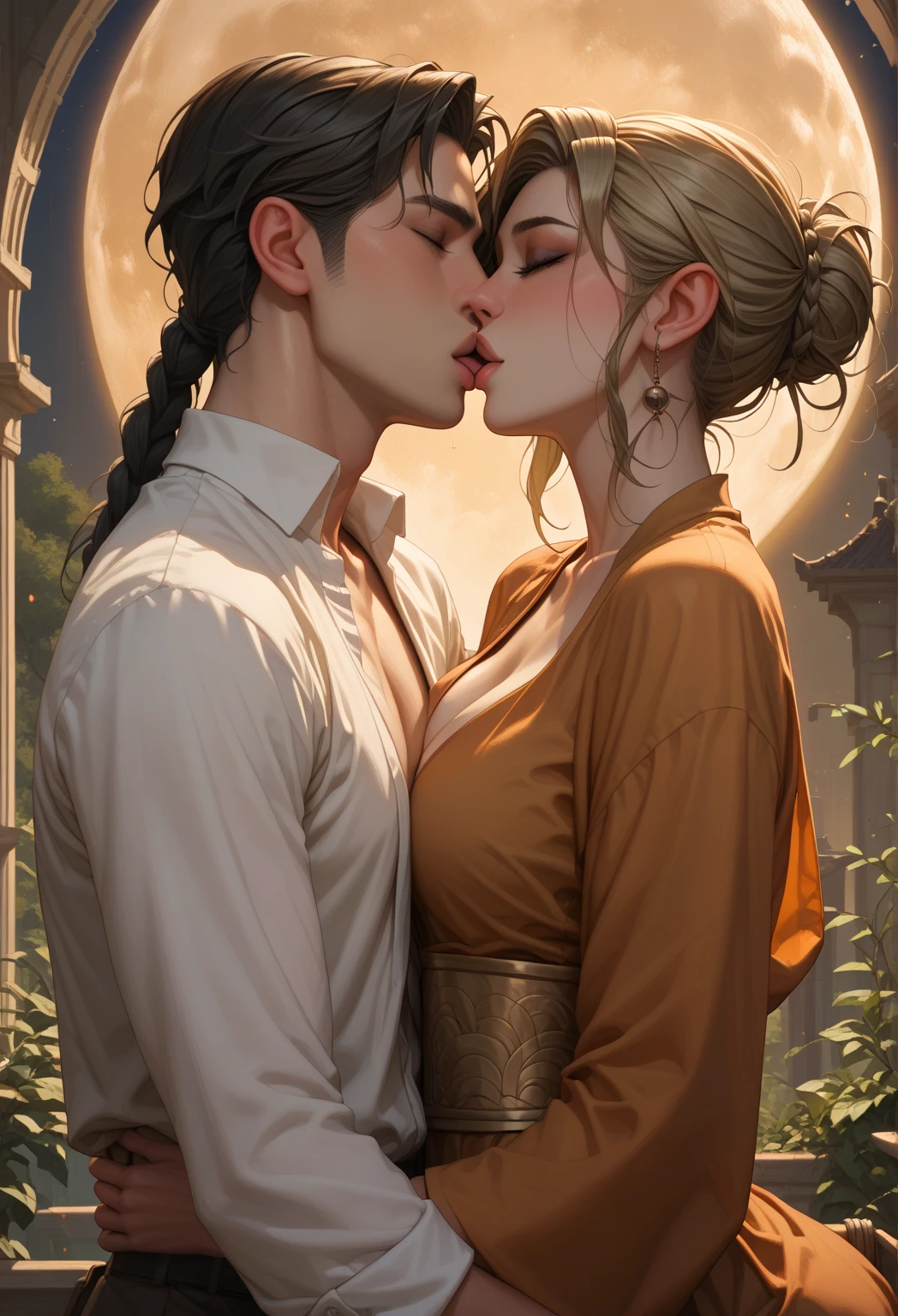 Hindu woman kissing Turkish tall white man on lips
