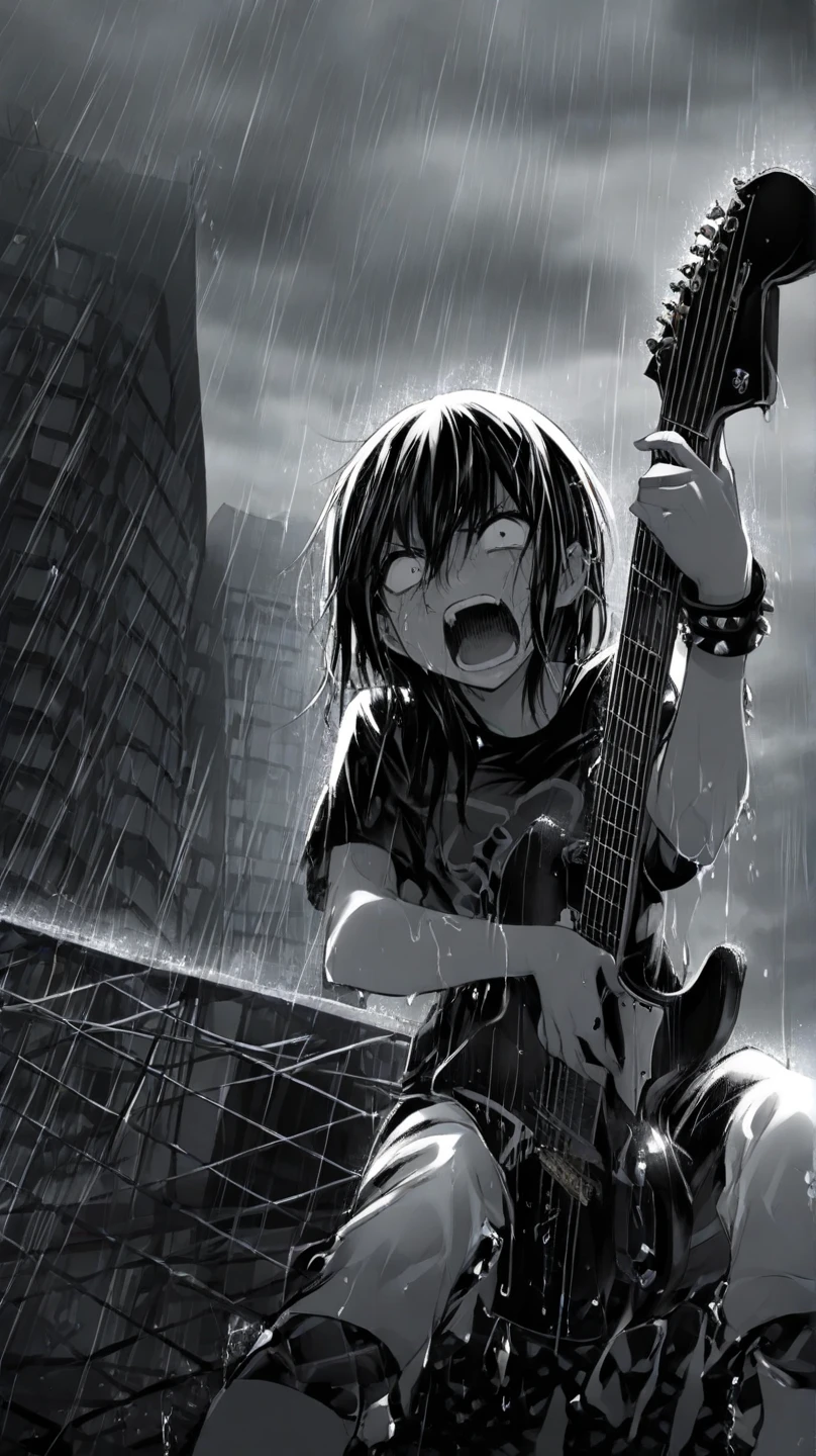 (masterpiece, best quality:1.2), girl standing in the rain, close-up on her screaming face, heavy rain, wet hair clinging to her face, screaming intensely, eyes closed tightly, punk rock clothes, black and white, monochromatic, wet clothes, holding an electric guitar, dark cloudy sky, city in the Background, dramatic and angry atmosphere, water droplets on her skin, dramatic shadow, cinematic