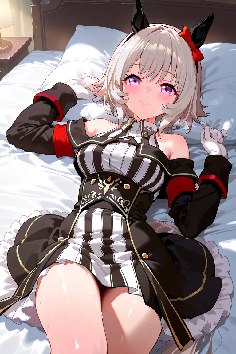 Koneko Toujou (DXD), 1girl, white hair, short hair, konekouniform, , white shirt, skirt, red skirt, black ribbon, masterpiece, black corset, kneehighs, black socks, no shoes, laying down,