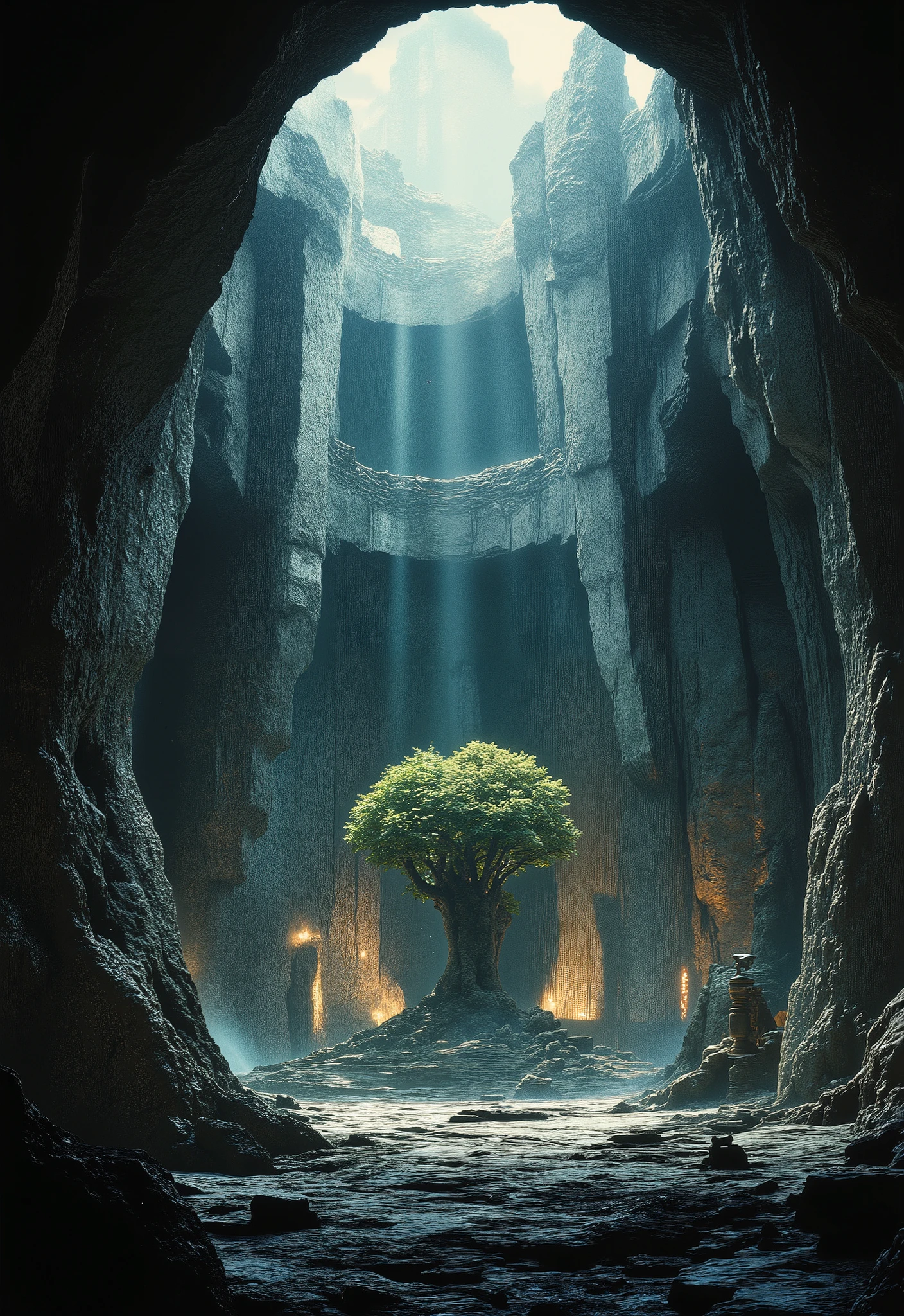 A dramatic movie scene featuring a mysterious landscape. The central theme of the painting is a bronze tree in sunlight standing in the middle of an open-air cave. The ancient bronze tree, with light shining down on it from the top, is surrounded by a dim cave with mysterious broken bronze decorations on the ground, symbolizing an epic and glorious ancient civilization. It is magnificent. The overall composition conveys the historic moment of searching for a lost ancient civilization!