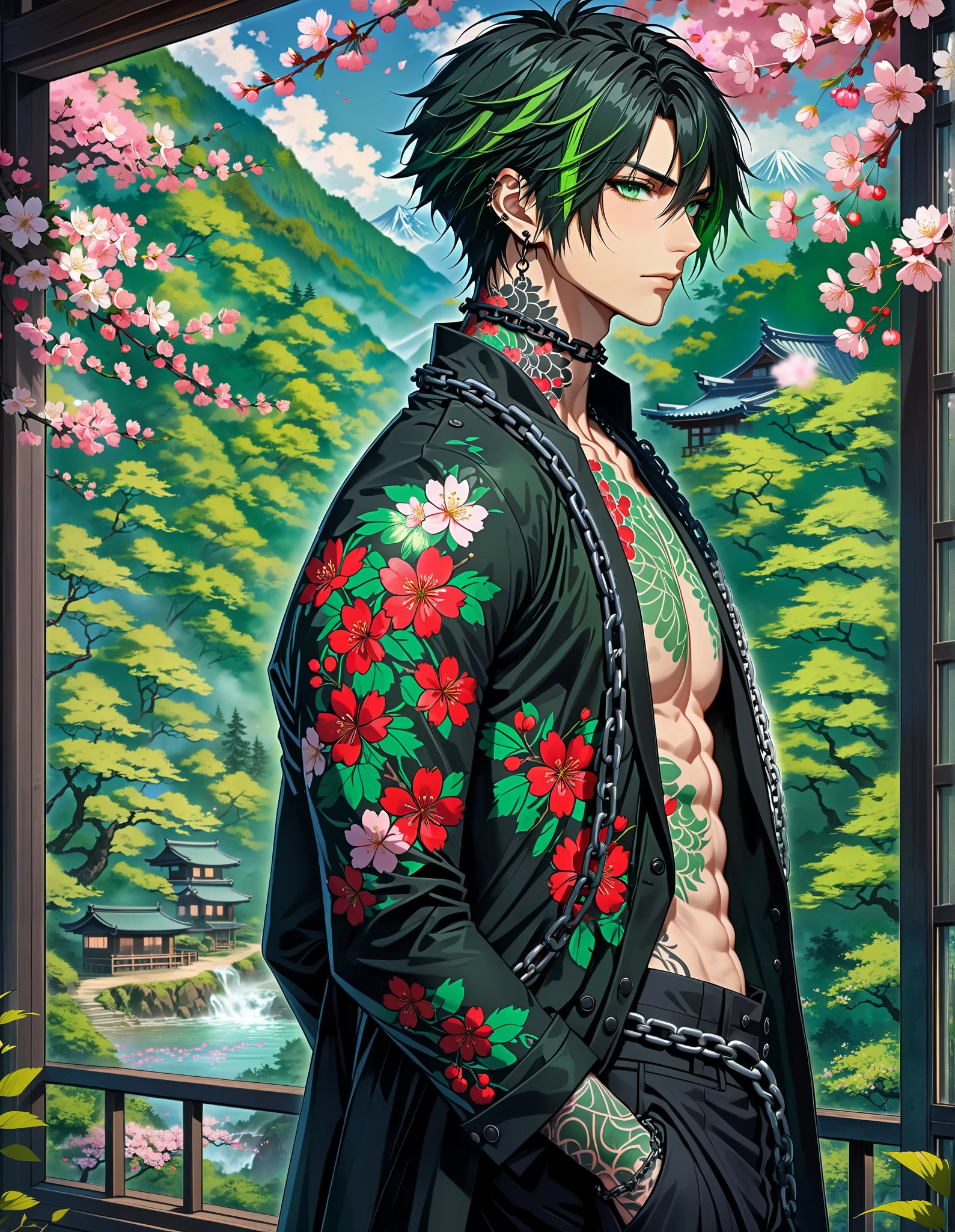 quality masterpiece, anime style, solo, male, skinny, muscular definition, black emo hair, ((green highlights in hair)), (scruffy short hair), ((Green eyes)), Ear gauged, Spiked Collar, Nails black painted, body covered in Flower tattoos, Wearing Black Duster Coat, black pants, stern look, (chains on jacket), Outside view, ((forest background with cherry blossoms)), window that shows outside, day time,