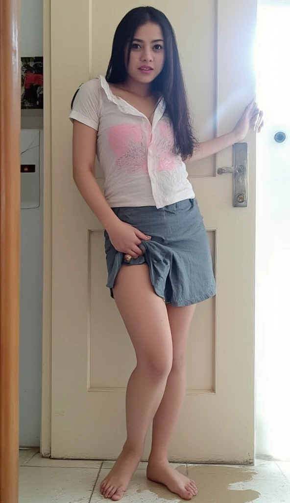 (8k、RAW Photos、highest quality、masterpiece:1.2)、(Realistic、Realistic)、1 girl、((Pink Dress、belly button、See-throughのオフショルダー、Fluttering Hair、Stand with hands on hips、See-through、boots、Very small breasts、Small pink areola、small erect nipples、Narrow waist、Shaved、View from the front、Are standing、frozen body)、smile、Lots of eyelashes、Add shine to your eyelids、skeletally correct、((Pull up your skirt yourself)))、(Lift it yourself)、(((Excitedly showing off one's genitals )))