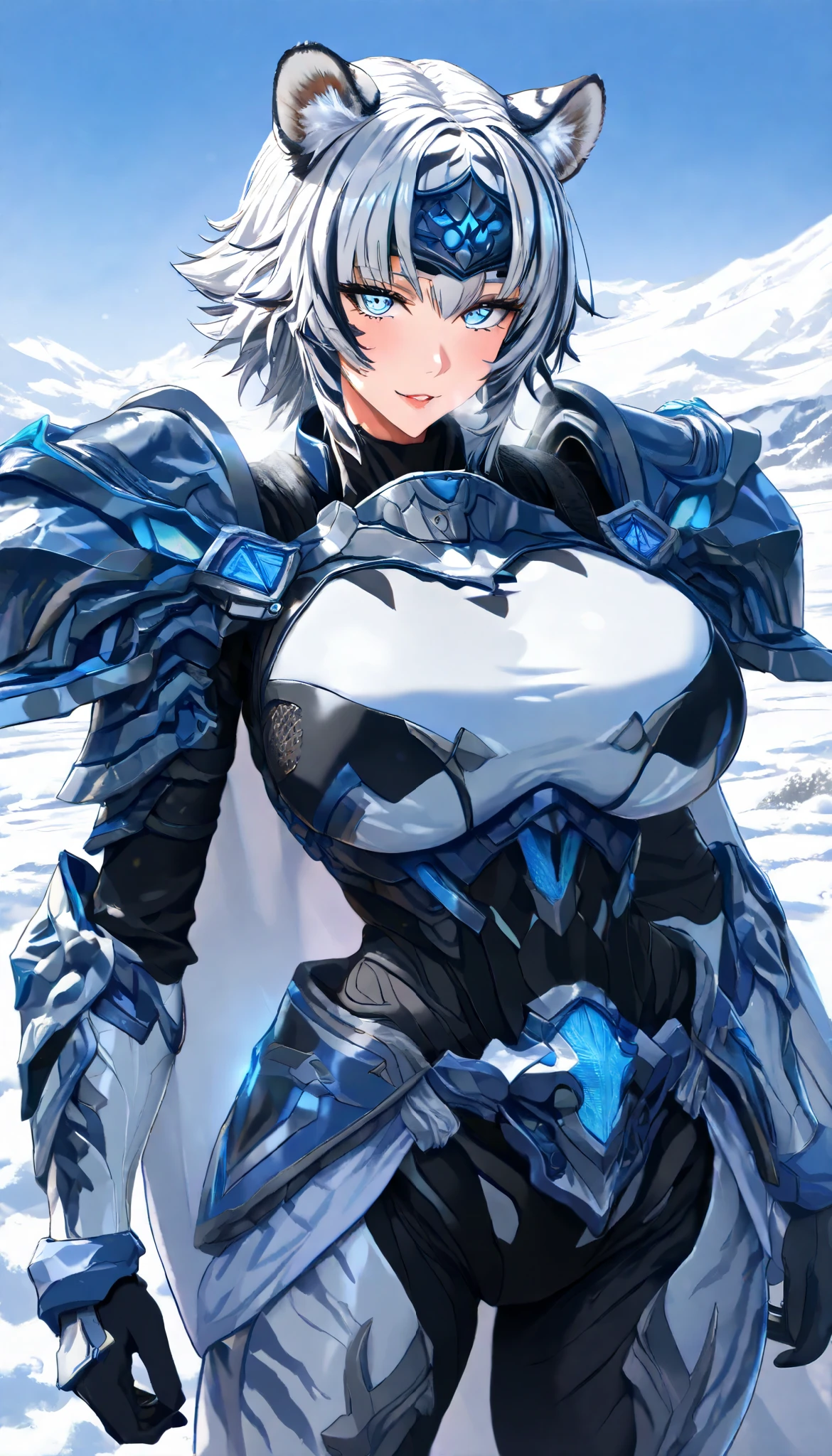 A White Tiger Female,White tiger ears,Huge Oppai,Perfect body, (Black and White hair,short hair, streaked hair),White Tiger Metal Forehead protector, (Blue tiger eyes), Wearing A White Tiger pattern Heavy Armor with White tiger characteristics(Black stripes), White cape,(Torogao, seductive smile), In A Snowfield, Snowy weather, Snow,UHD, SOLO, anatomically correct, masterpiece, textured skin, high details, highres, 1080P, 16k, accurate, Beautiful face, Perfect face, Highly detailed beautiful face and eyes, Attractive face, Detailed face, Delicate facial features, Detailed skin,Cowboy shot