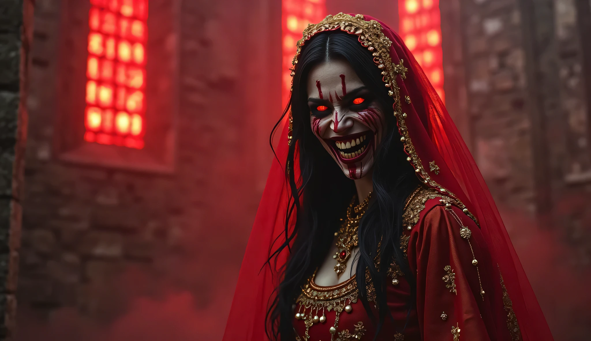 frightening, demonic-looking character with exaggerated features, including glowing eyes, sharp teeth, and blood-stained face. The character is wearing traditional attire and jewelry, adding to the eerie effect.