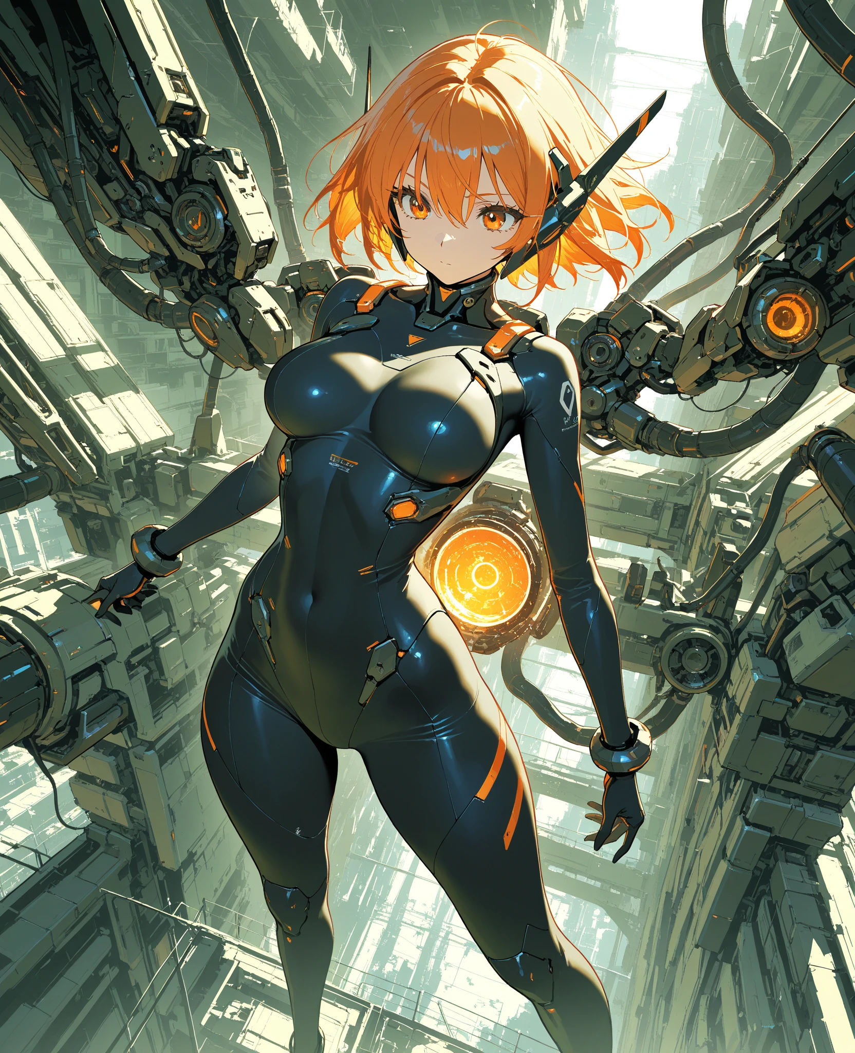 ((masterpiece, best quality, extremely detailed, absurdres)), SF illustration, 1girl, orange short hair, normal face, large breasts, (mechanical bodysuits:1.2), dynamic angle