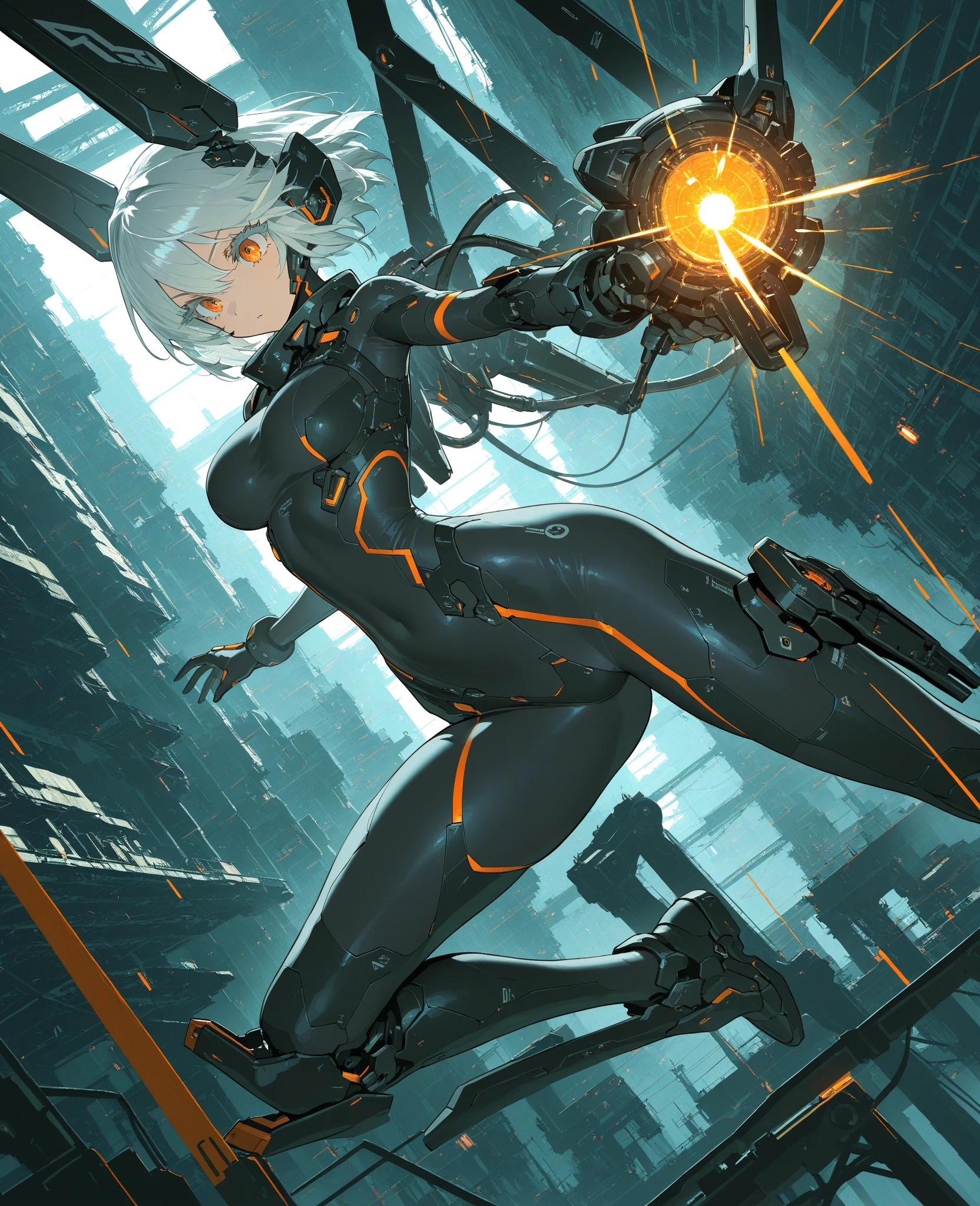 (Golden ratio:1.2),[(Black background:1.4)::10],(巨作), (Best quality), (Ultra detailed),(Disheveled hair),(illustration),Solo exhibition,ultra fine photos,1 girl in a tight futuristic white latex combat suit,There are glowing black conduction wires on the combat suit,Smooth white suit,White iconic figure,Smooth white skin,White body,PVC,Glossy latex clothing,rubbersuit,Rubber belt，collars,(Futuristic full-face helmet:1.3)+(Transparent mask:1.3),Futuristic rubber gloves,Futuristic high boots,Afterimage,half-mechanical,cyborg robot parts,machine arm,mechanical leg,Arm and leg cuffs, watchband,Cyberpunk world,An integrated flight device connected to a mechanical leg,A blue virtual screen is projected near the head,((Inverted triangle tattoo on the crotch:1.3)),(atheletic body:1.2),(Stand at the apex of a skyscraper:1.2)+(White wing jet jetpack:1.3)+[(Inception:1.2)], Best quality at best， tmasterpiece， offcial art， Unified 8K wallpapers， super detailing， tack sharp focus， dynamicposes， Body parts， There are no extra limbs， Precise anatomy