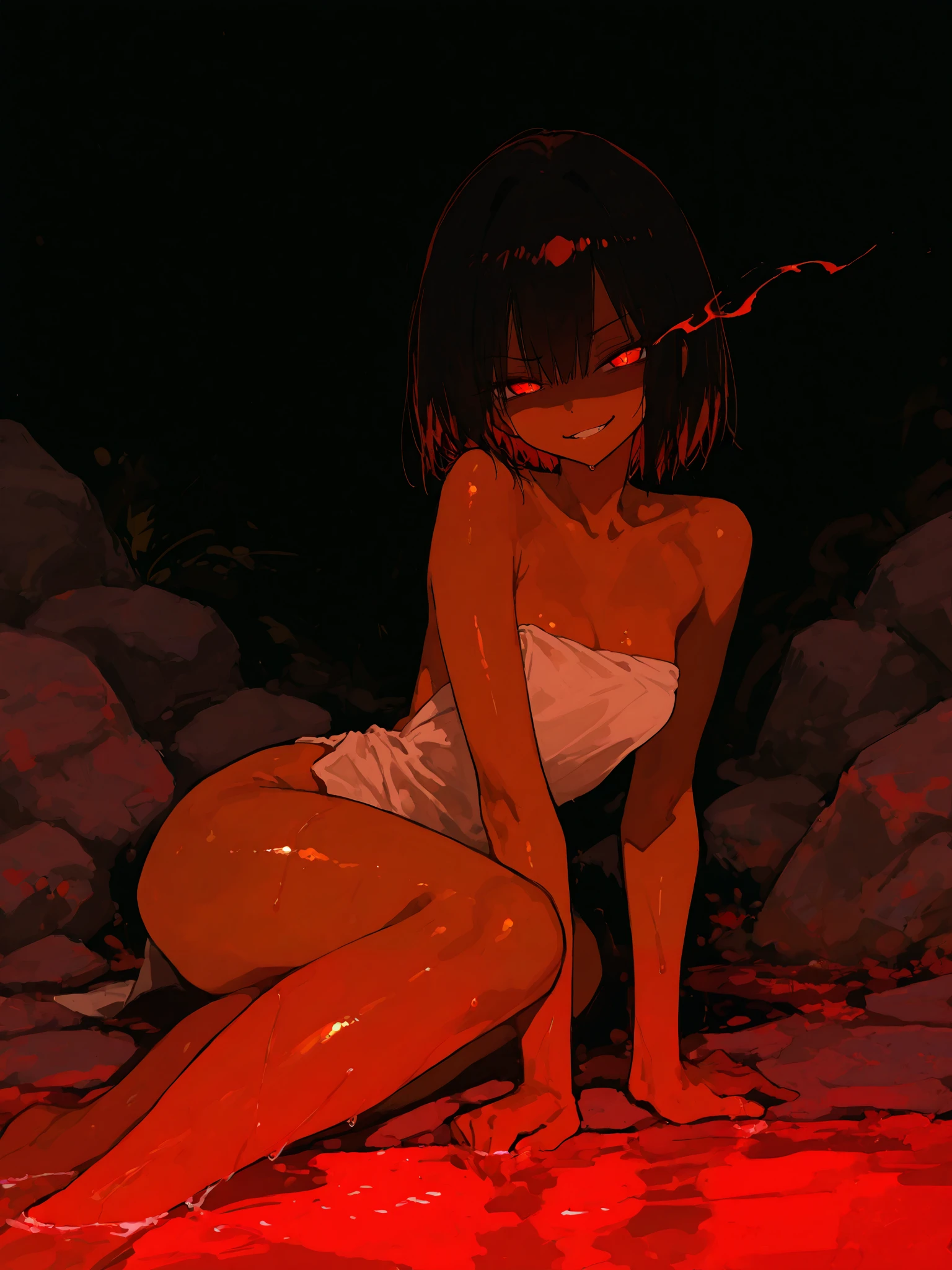 A rotten and fallen zombie girl with many dirty blood stains, desnuda