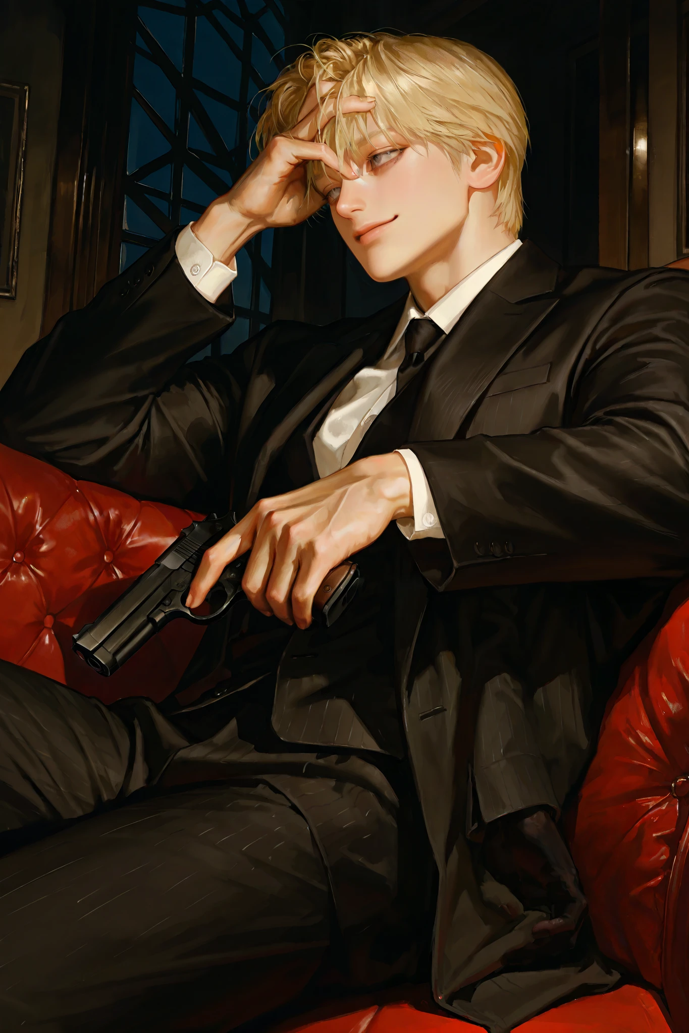 middle-aged male, handsome, lying, blond hair that is neatly turned back, 1 man with a gun, dark circles under the eyes , short hair, male-centered, handsome man, Thick painted , Korean Comic Style , semi-realistic art , semi-realistic art style, Expressive Brushwork, Vibrant Brushstrokes, Impressionist painting , realistic skin, realistic hair , realistic details , Photorealistic , covering the forehead, natural straight hair, Golden hair, muscular, near, suit, Inside the house, dark , heavy body, big hands, Modern, sharp impression, Smiles , 갈색 suit, coat, sitting , holding a pistol, handsome