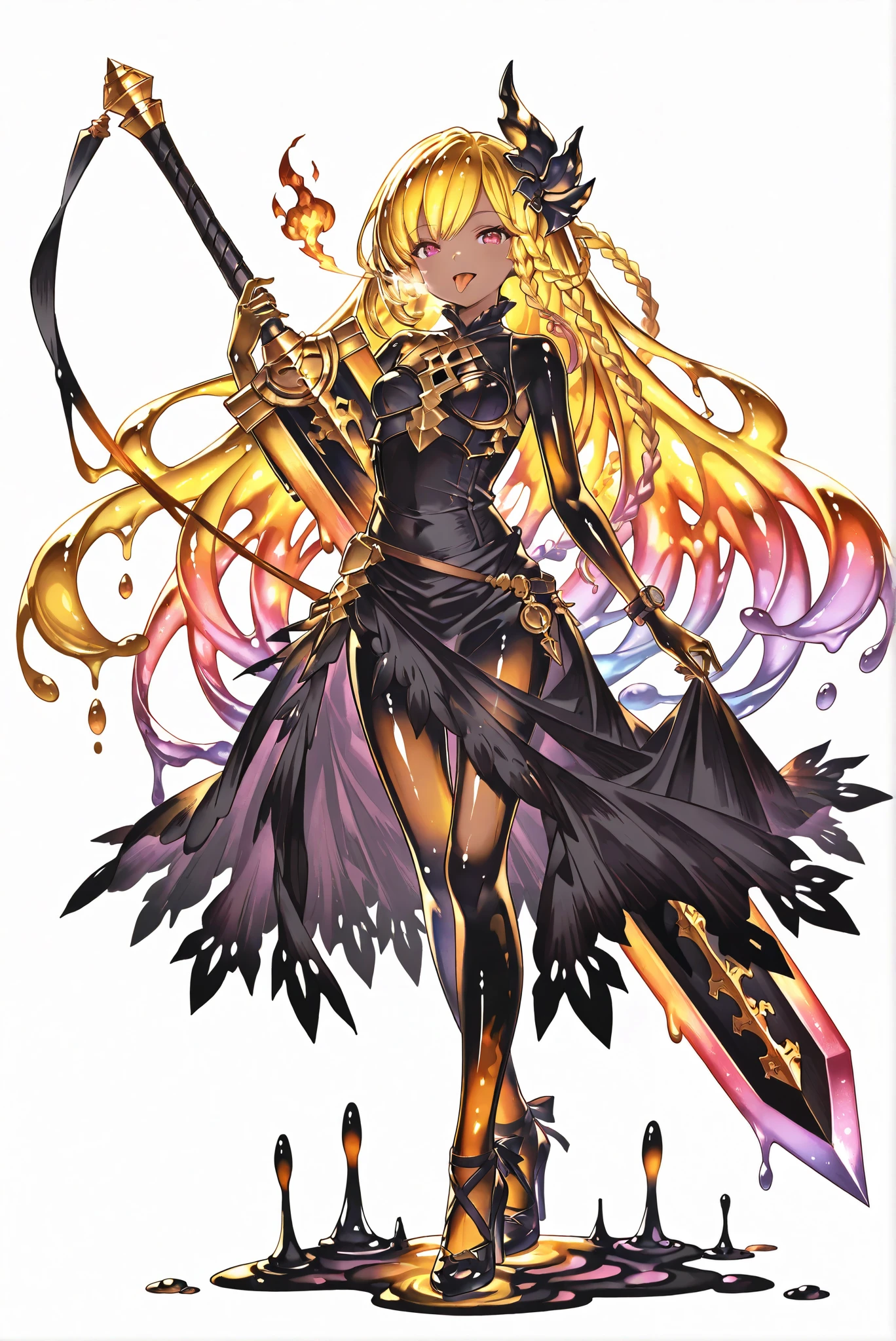 ( stands,whole body,heels,front view,Standing picture,white background:1.7),HoleHeels,oval/Circle/Thorn/Horn Heels,,Limited Color Palette,Colorful,Vivid Color,flashing silhouette,neon,black light ,watch, masterpiece, Very Beautiful,, shiny skin, golden ornaments, , Granblue_ fantasy, Helel_Ben_Shalem, dark skin, Blonde, long hair, braid, red eyes,,( Monster Girl, slime girl ),(Melting Slime:1.3,transparent body:1.4,),(Slime Hair, Clear Slime Skin Tone:1.4, Shiny Blue Hook Blade {x} 非常美麗精緻的Face),( evil smile, crazy , charming的眼睛 :1.3, purple eyes),( tease, charming, cute , [ [ Excited, naughty Face :1.2), Face, stick out tongue ,burning breath, Mucous block :1.3,, 龍殺手之sword-II.v1.0, Holding - Dragon Slayer, Giant Weapon, sword, holding sword, armed,