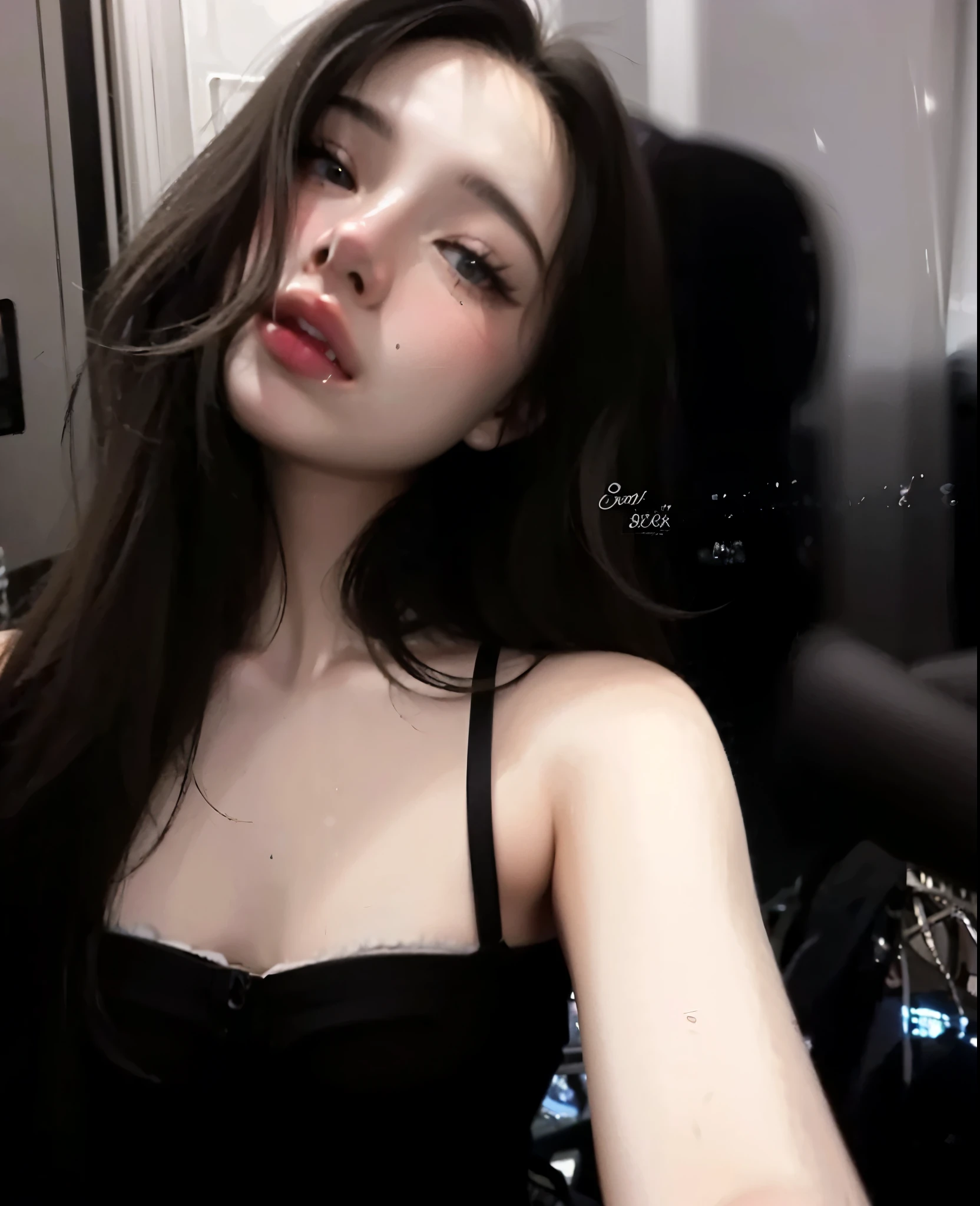 Lisa de top preto, goth girl, inspirado em Lisa do Black pink, estilo sexy, olhar sexy, cabelo longo liso preto