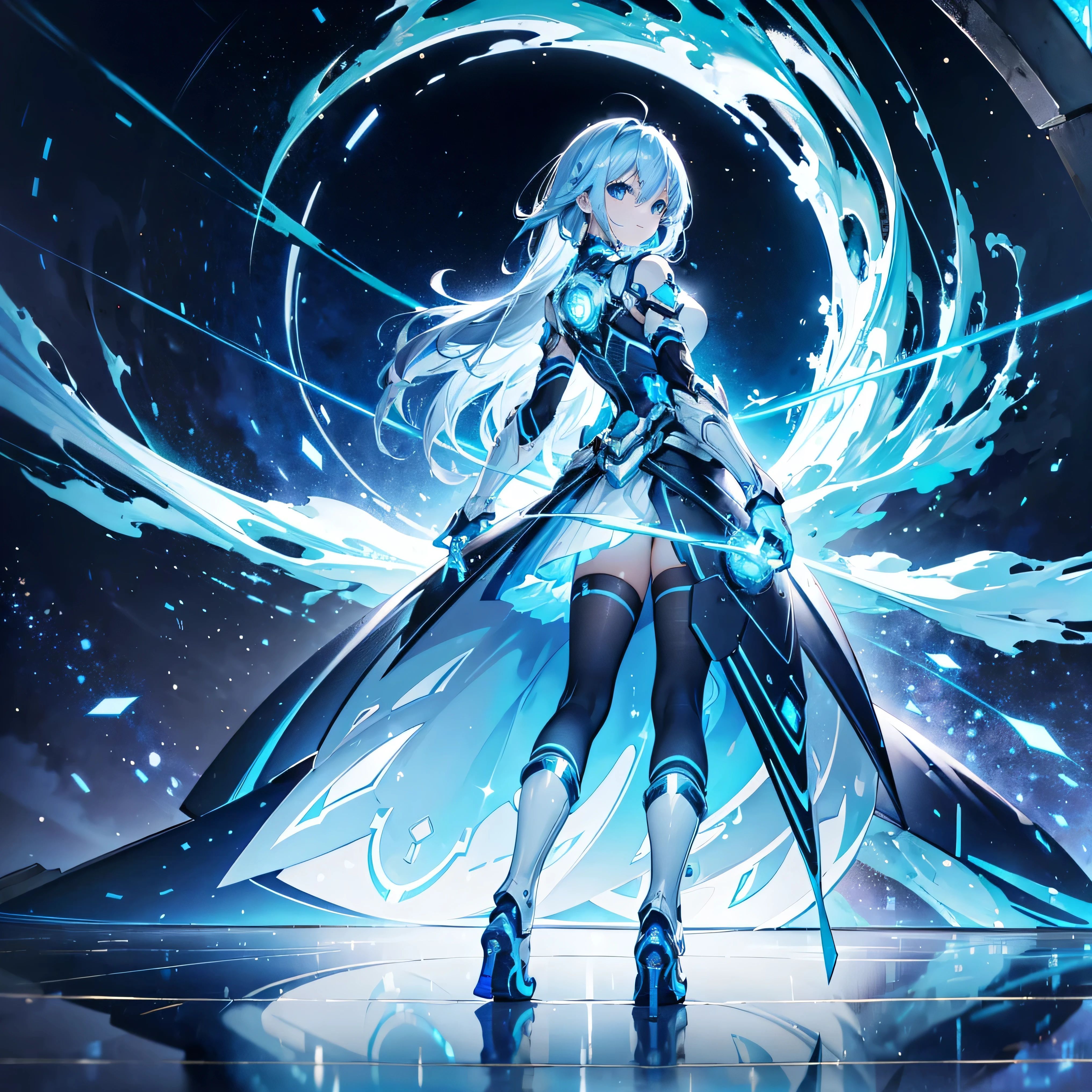 8K, Highest quality, (real:1.4), Original photo, 1 girl, Asari Hair, Biological Amplifier, Very sleek and futuristic armor, posture: Peace talks between warring factions,,attention arousal, smart blue eyes,A modest smile,Knee-high boots,Patent-look blue tights,Blue big moon and blue light swirl in the background,Blue light from behind,blue light magic,A small, glowing blue ball in the palm of your hand,Blue flame swirl,Blue Comet,Polished floor,