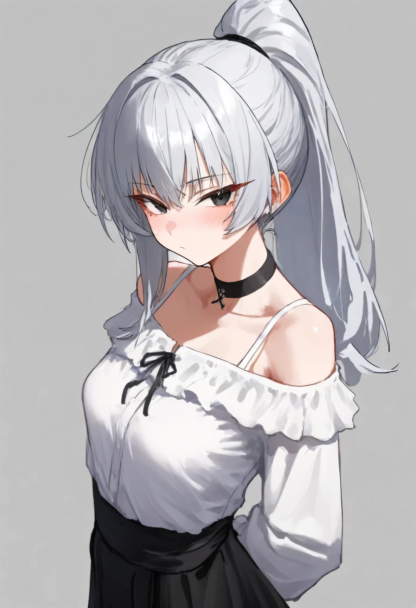 aruhshura, masterpiece, best quality, very awa, year 2024, newest, highres, absurdres, ponytail, silver hair, black eyes, tsurime, blouse, off shoulder top