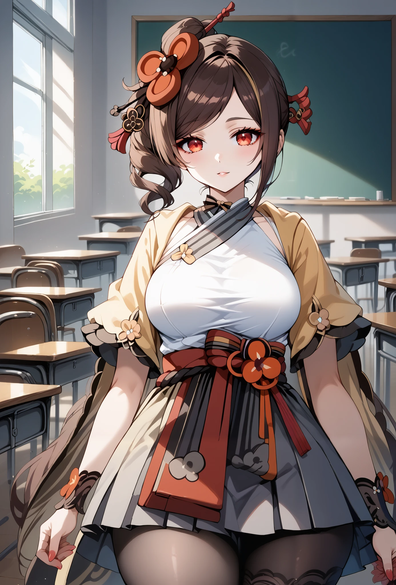 score_9, score_8_up, score_7_up, source_anime, 4K,perfect fingers,(perfect hands, perfect anatomy),prefect lighting, very aesthetic, intricate details,highly detailed background, masterpiece, high quality, best quality,
1girl,Solo,genshinchiori, chiori, brown hair, hair ornament, red eyes, flower, hair flower, large breast,
wearing (((Sexy white micro top,)),,
standing, (in the crowded classroom:1.4) ,