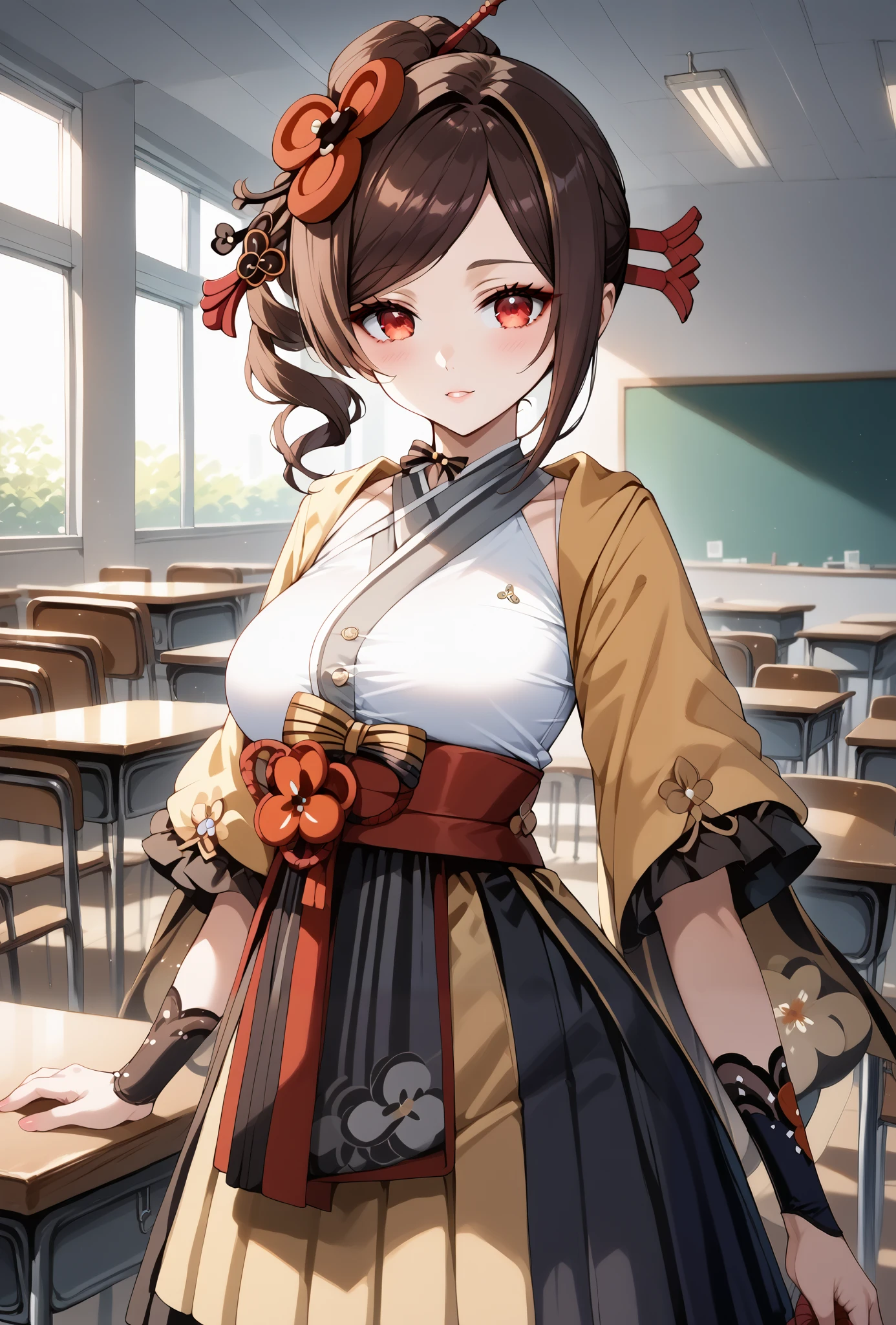 score_9, score_8_up, score_7_up, source_anime, 4K,perfect fingers,(perfect hands, perfect anatomy),prefect lighting, very aesthetic, intricate details,highly detailed background, masterpiece, high quality, best quality,
1girl,Solo,genshinchiori, chiori, brown hair, hair ornament, red eyes, flower, hair flower, large breast,
wearing (((Sexy white micro top,)),,
standing, (in the crowded classroom:1.4) ,