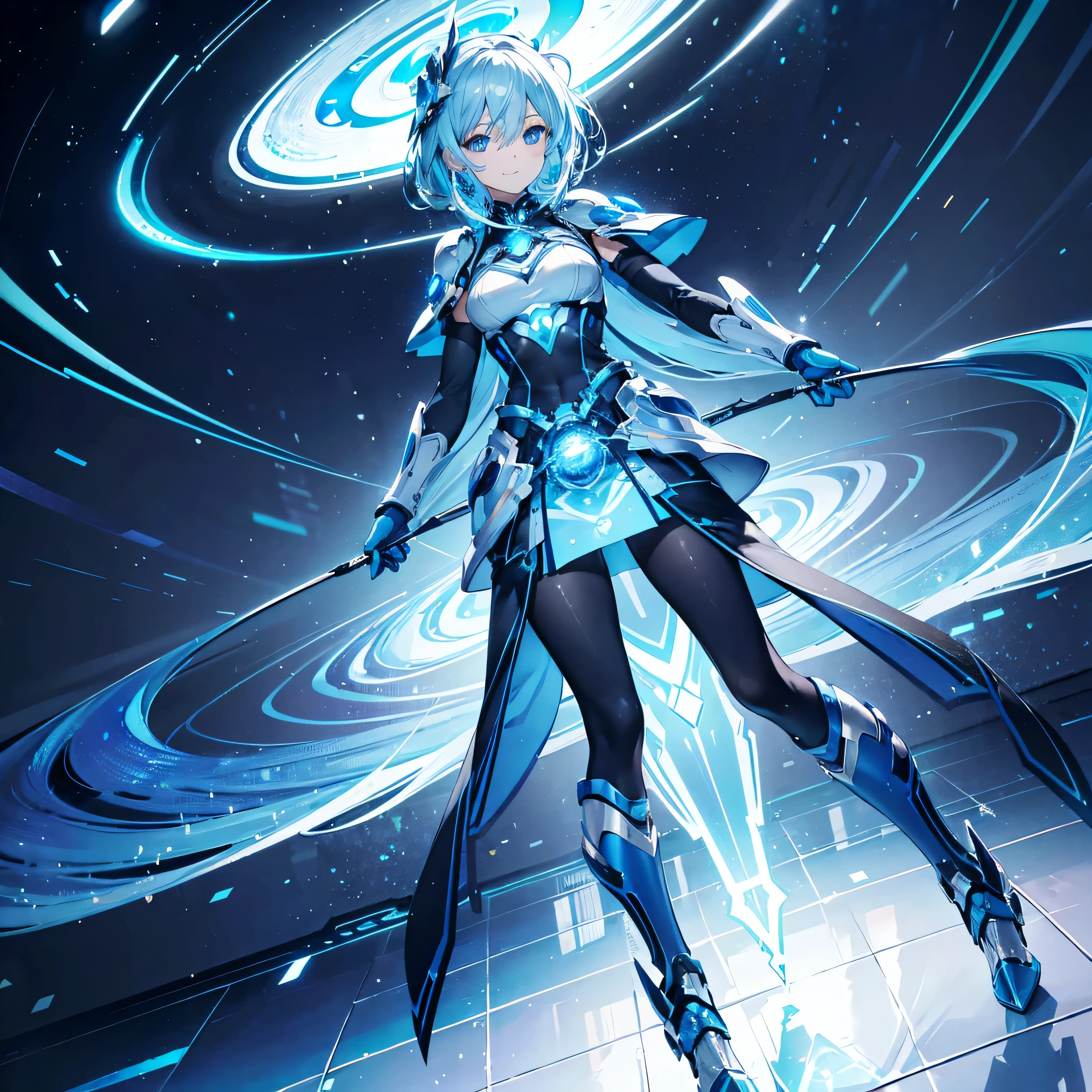 masterpiece,best quality,highly detailed,1girl,solo,serious,concentrating,v-shaped eyebrows,looking at viewer,
<lora:sinon_v5:0.75>,sinon1,white gloves,thighhighs,pelvic curtain,short hair with long locks,hair between eyes,sidelocks,breastplate,shoulder armor,blue armor,
BREAK
<lora:circleDigitalTrans:0.4>,digital dissolve,dissolving,hologram,holographic interface,outstretched arms,