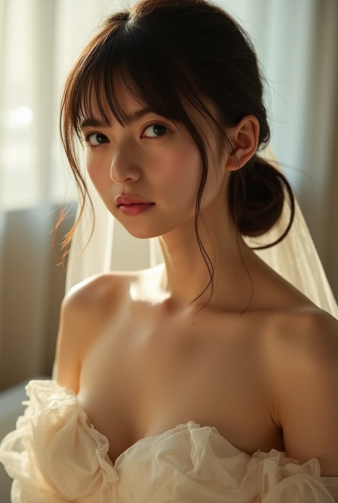 (masterpiece), Best Quality, Highest Quality, Highly detailed CG Unity 8k wallpaper, Original, High resolution, (depth of fields: 1.5), fidelity: 1.3, small breasts, Bride portrait style, 1 girl, drapes, veils , Bridal Veil, wedding dress, drapes, Jewelry, Solo, earrings, tusk, bride, Black_hair