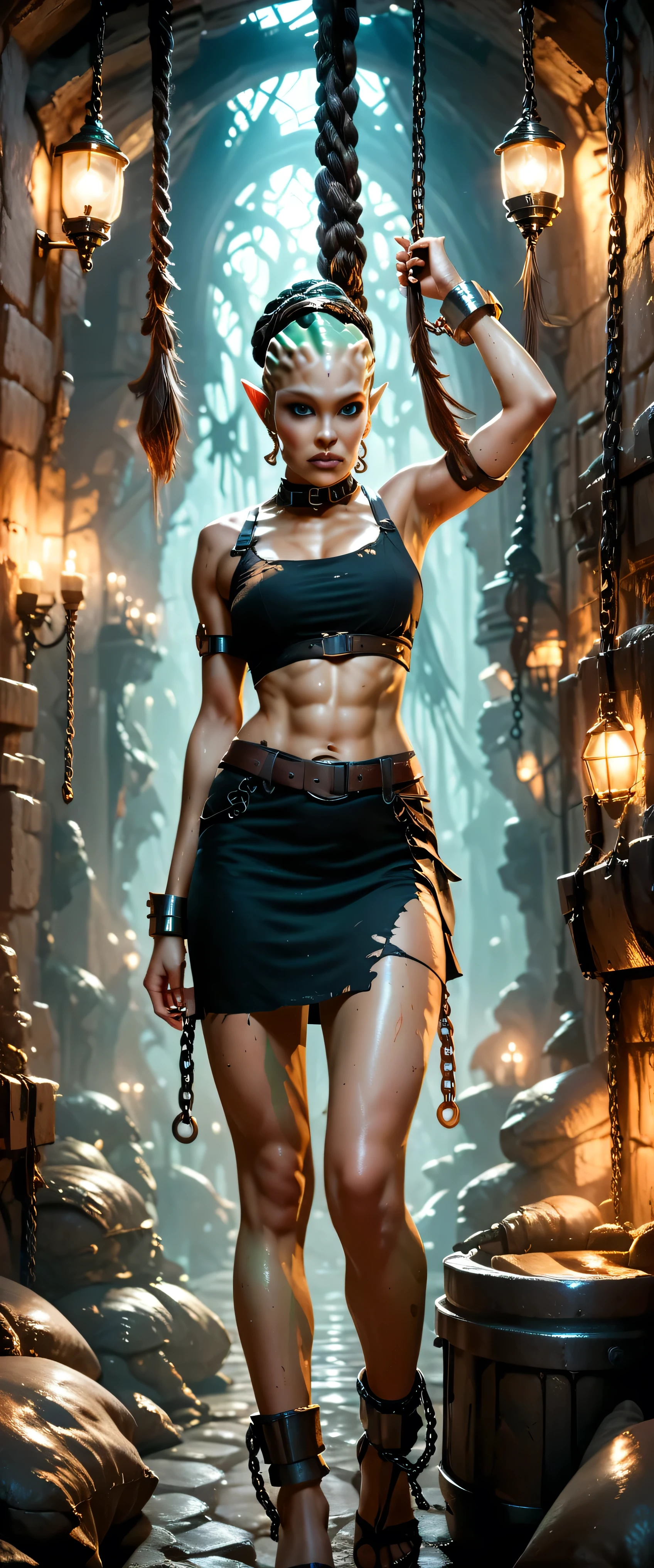sfw,1girl,solo,18yo woman at alien dungeon,shackles,sfw