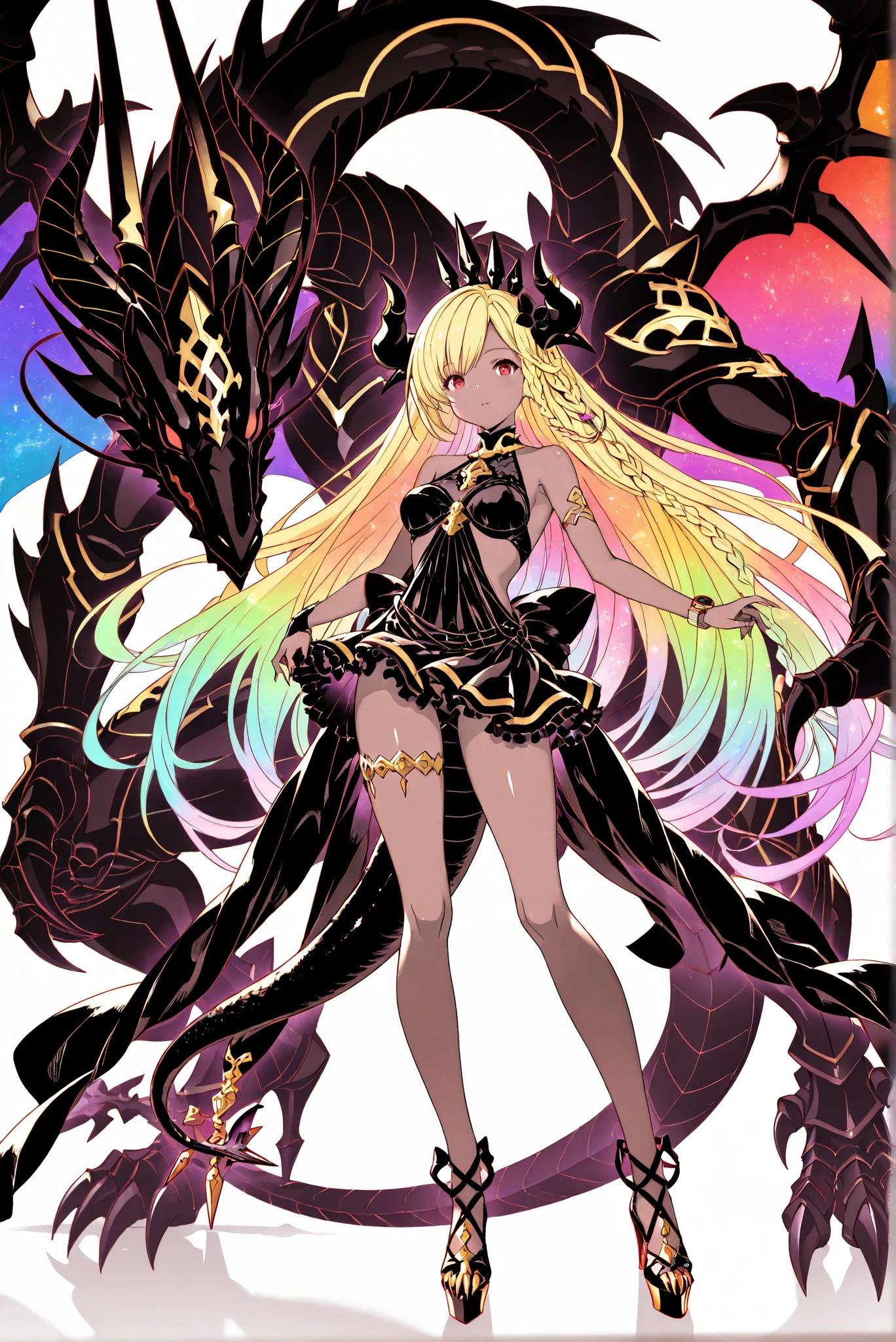 ( stands,whole body,heels,front view,Standing picture,white background:1.7),HoleHeels,oval/Circle/Thorn/Horn Heels,,Limited Color Palette,Colorful,Vivid Color,flashing silhouette,neon,black light ,watch, masterpiece, Very Beautiful,, shiny skin, golden ornaments, , Granblue_ fantasy, Helel_Ben_Shalem, dark skin, Blonde, long hair, braid, red eyes,,stardustdragon_ygo,dragon,Wings,tail,claws,horns,