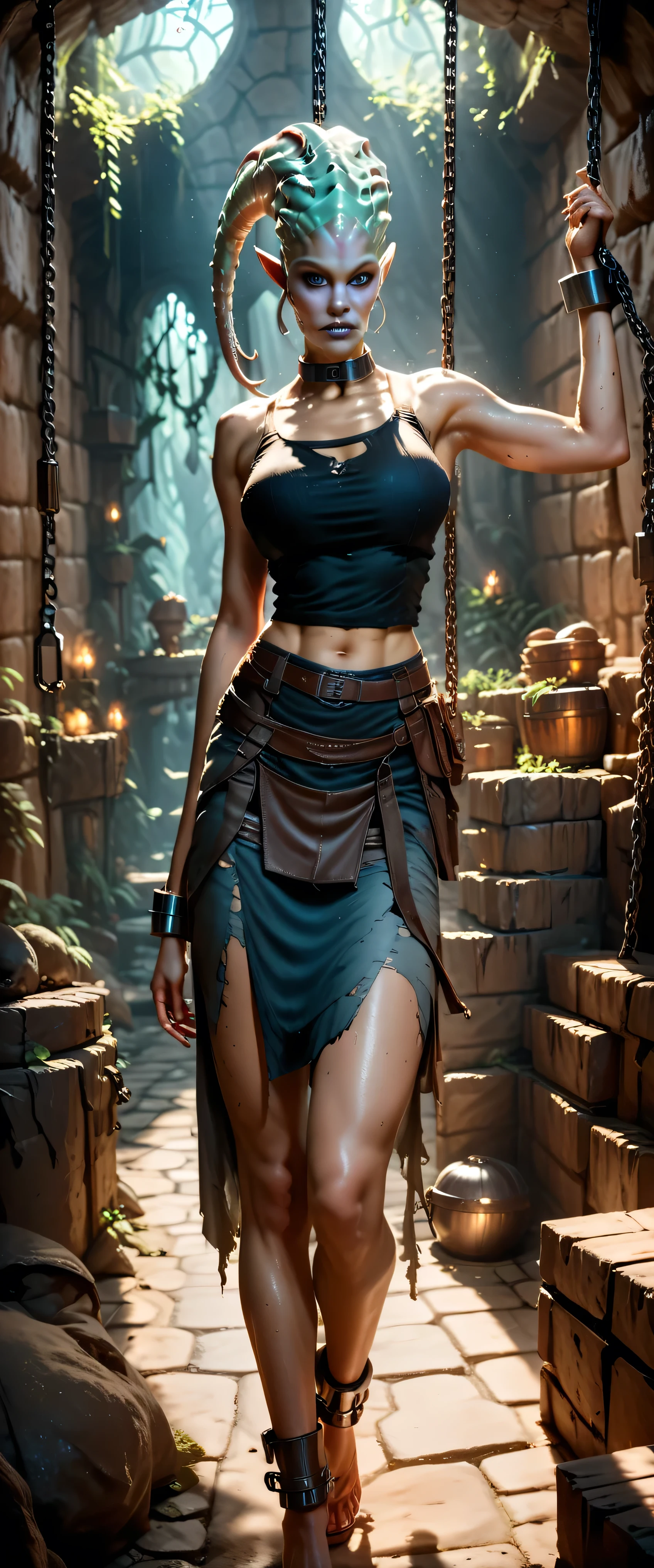 sfw,1girl,solo,18yo busty woman at alien dungeon,shackles,sfw