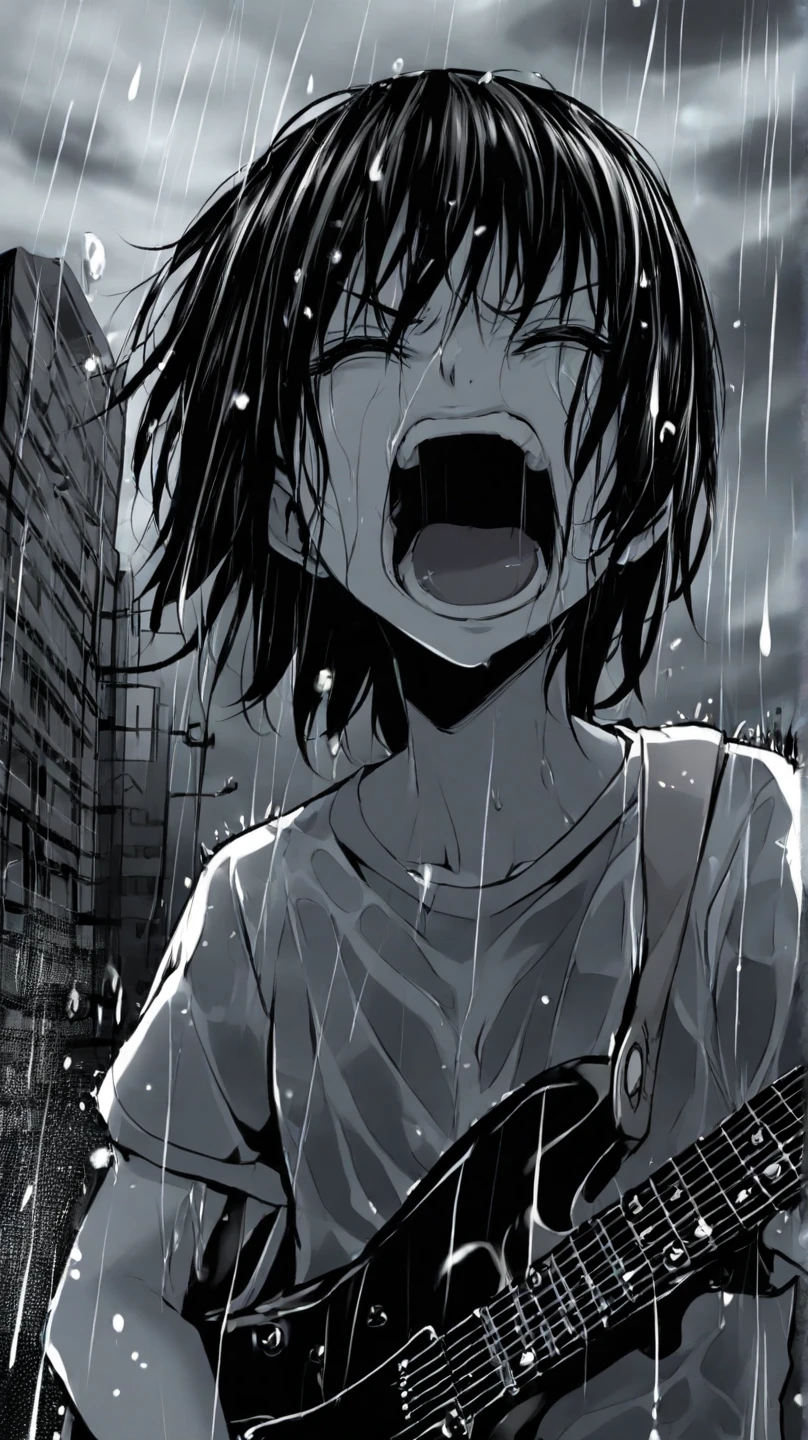 (masterpiece, best quality:1.2), girl standing in the rain, close-up on her screaming face, heavy rain, wet hair clinging to her face, screaming intensely, eyes closed tightly, punk rock clothes, black and white, monochromatic, wet clothes, holding an electric guitar, dark cloudy sky, city in the Background, dramatic and angry atmosphere, water droplets on her skin, dramatic shadow, cinematic