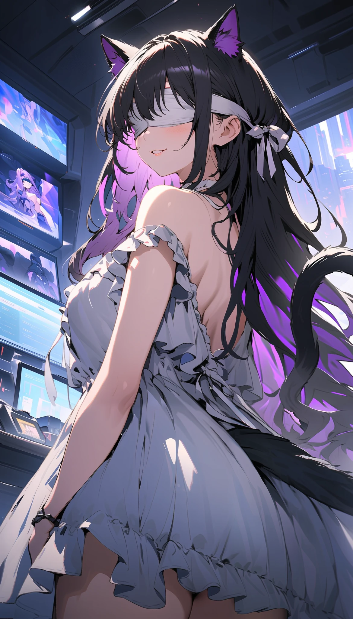 (Backlight,Umbilical cord:1.1,Black Hair),A beauty on the bustling streets of Gintama, There are vendors all around, Beautiful portrait of a stunning goddess girl, Beautiful and delicate face, Porcelain skin, Half-length photo, Center,((moonlight,night,Big neon sign,Strong neon lights,Rim Light,Two-tone lighting))),