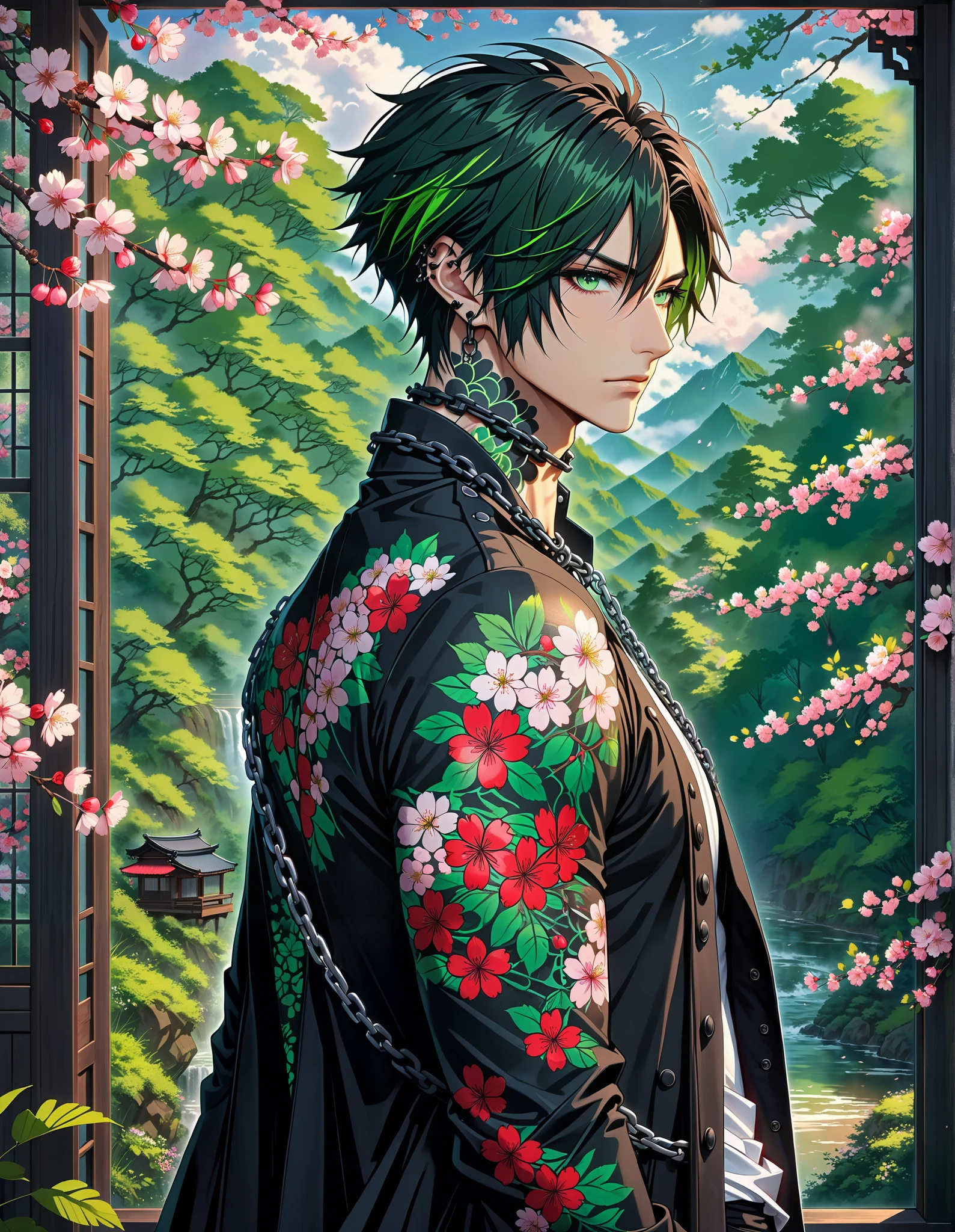 quality masterpiece, anime style, solo, male, skinny, muscular definition, black emo hair, ((green highlights in hair)), (scruffy short hair), ((Green eyes)), Ear gauged, Spiked Collar, Nails black painted, body covered in Flower tattoos, Wearing Black Duster Coat, black pants, stern look, (chains on jacket), Outside view, ((forest background with cherry blossoms)), window that shows outside, day time,