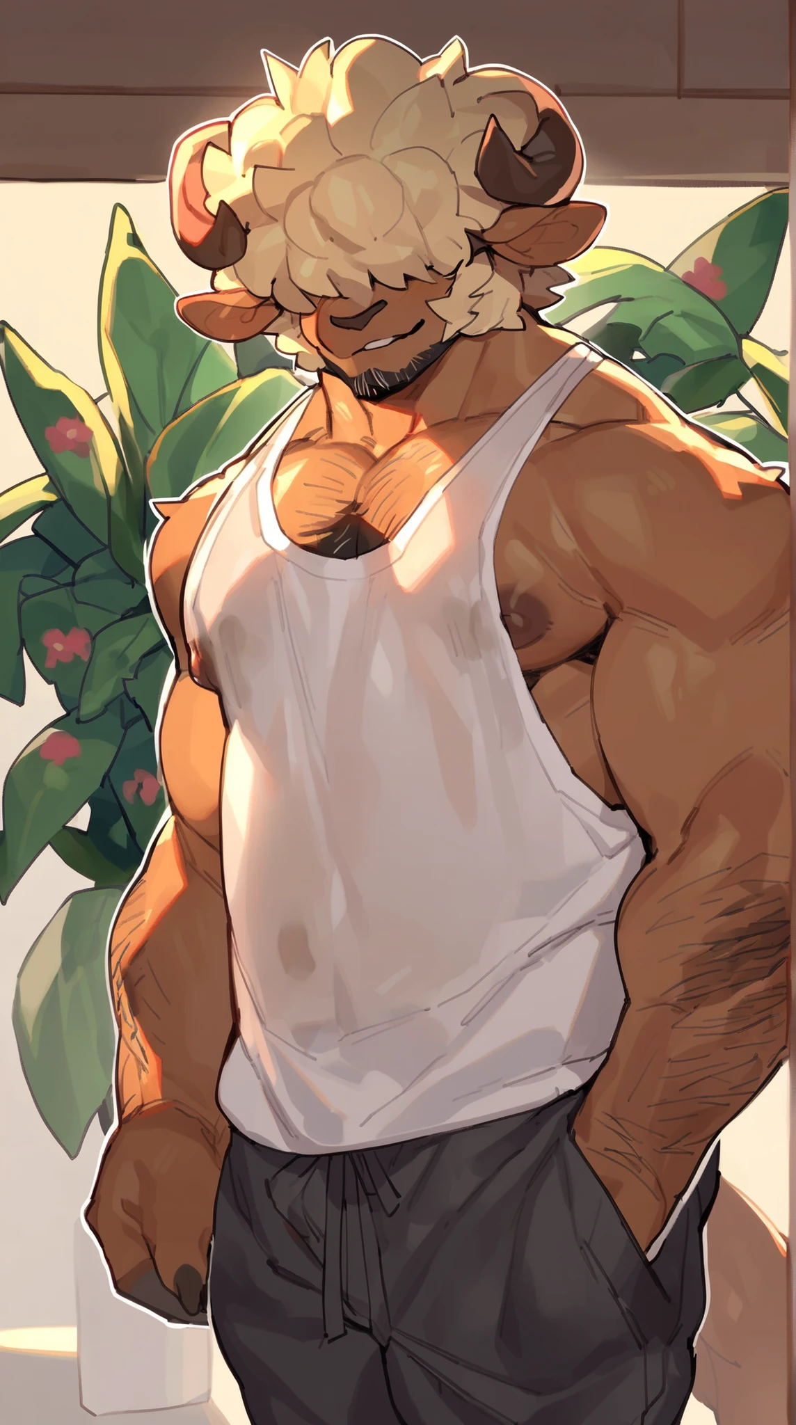 bara ram, full body, perfect anatomy, masterpiece, hunk, huge ram horns, florist, thin beard, dynamic light, blond afro haircut, afro covering the eyes((, the hair is covering the eyes):1.1), hair shoulders, hairy chest, hairy arms, solo, great lighting, by bebebebe, by ZIXiong, by zackary911, by SligarTheTiger, by RED8EAN, white outline, very detailed face, solo, working in a flower shop, detailed face expression, looking at the viewer, florist outfit, dirty oversized tanktop revealing the nipples, low chino pant, holding flowers