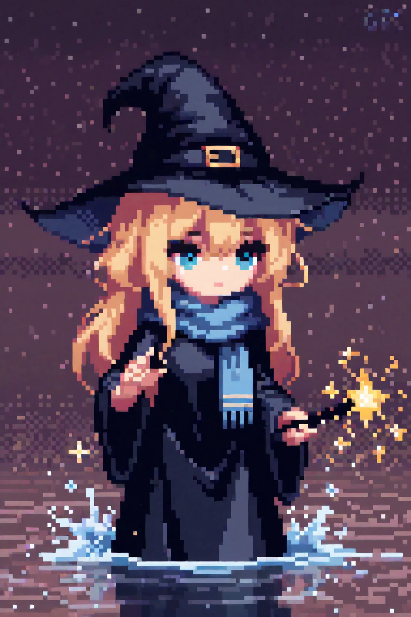 TOP QUALITY, beauty, masterpiece, one woman, Pixel art, witch hat , black robe , Blue scarf, Light blonde, long hair, disheveled hair, magic wand on water, wizard,