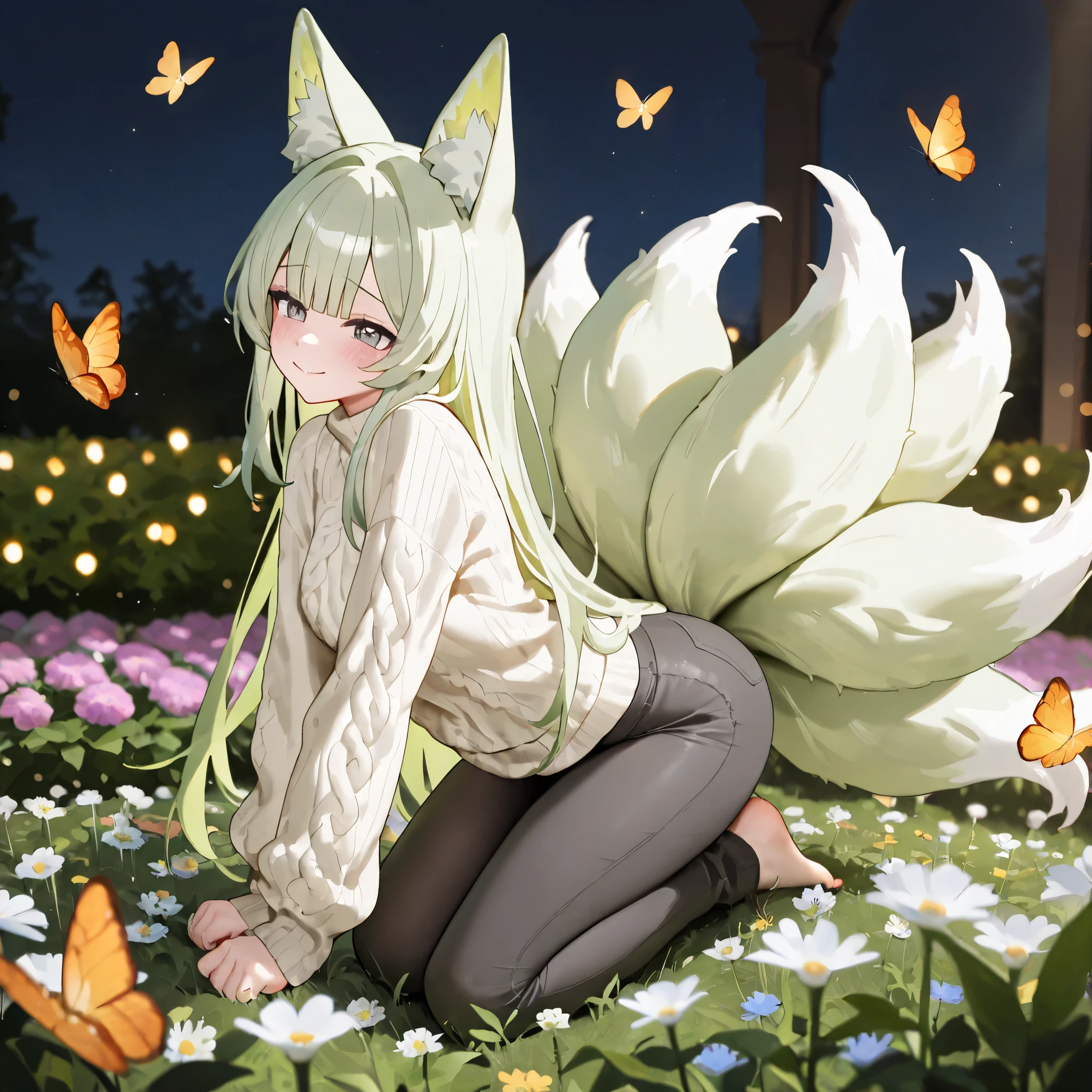 Excellent Performance , penetration, ultra-detailed, High Detail, 4K, 8k, 1 woman, alone, fly away, Very sexy, Fox Ears, shy, smile, Gray eyes, light green hair , Straight bangs, Long hair pants , Nine tail sweaters , shoulder, Cowboy photography, bright lights, penetration, In the flower garden, butterflies are everywhere,