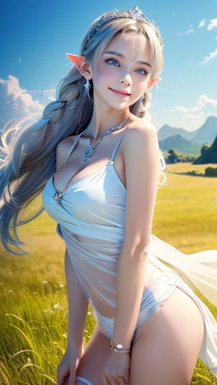 Official fine art，masterpiece，sharp focus，（Beautiful gorgeous lovely Korean women：1.3），（Beautiful and cute Koreans：1.3），Korean beauty，exquisite beautiful hair、eyes and face，realistically，super detailed，a beautiful girl，Glowing white particles,(side light:1.2),Sunlight,Detailed cloud,thin and long,cute big ass,Toothy smile,((smile and open your eyes)),landscape,long, straight hair, sexy facial expression,, dynamic hair, long, straight hair, Delicate white hair, luminescent purple eyes, (white swimsuits), Black, pale skin, hair accessories, 史诗般的landscape,sexy pose