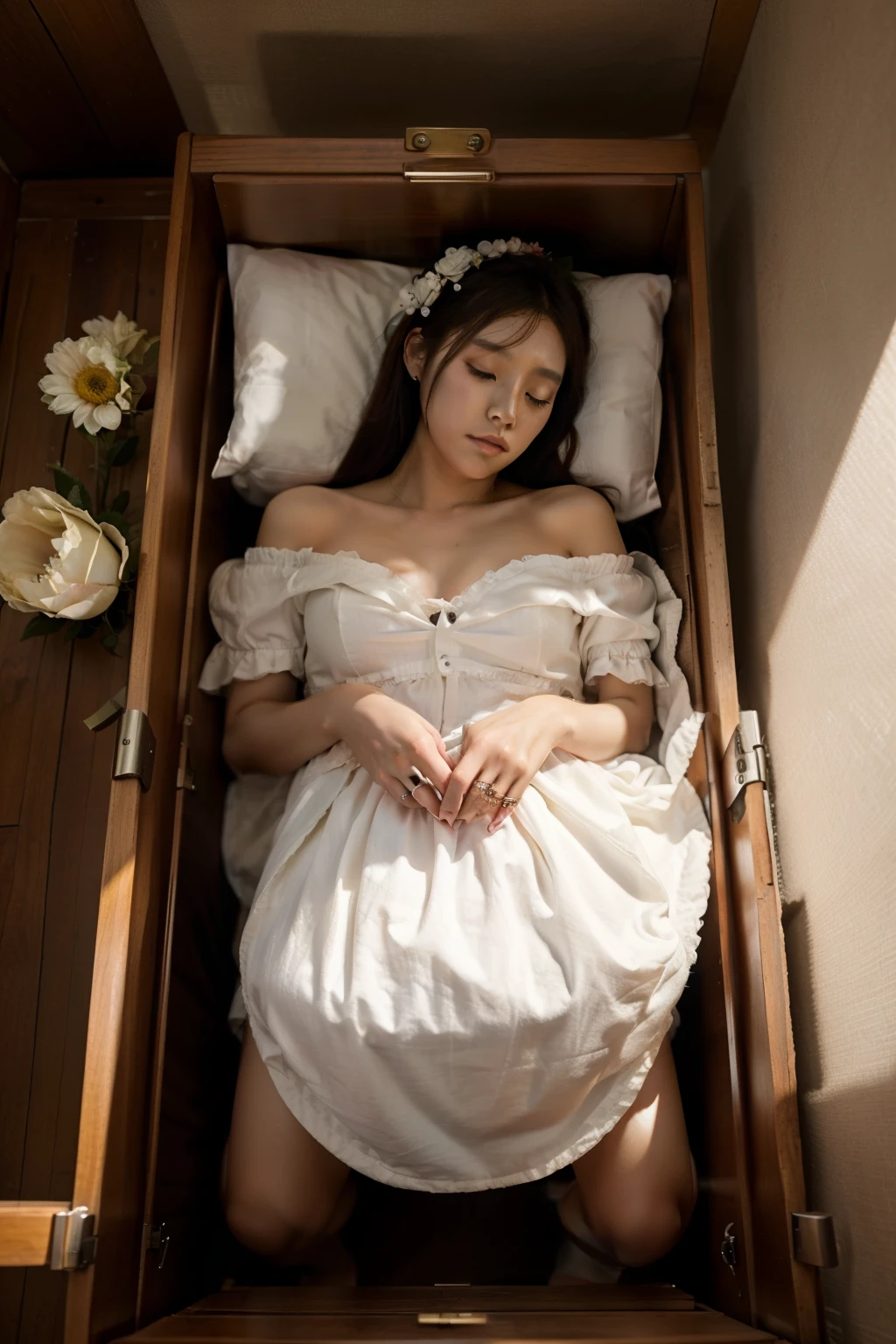 In a deep, white coffin with plush pillows (1.6 meters tall), a serene 22-year-old Korean girl sleeps peacefully. The box's interior is bathed in soft, diffused light against a striking black background. She wears a sleek, sleeveless blazer, no bra, white skirt, and has luscious eyebrows, eyelashes, and a flawless complexion. Her closed eyes and mouth convey tranquility. Render in Ultra High Resolution with Saturated colors, emphasizing the beautiful details of her face and the surrounding environment, round breast, medium breasts, straight body, (sleeveless:1.5), (white skirt:1.5), (n0 bra:1.5).