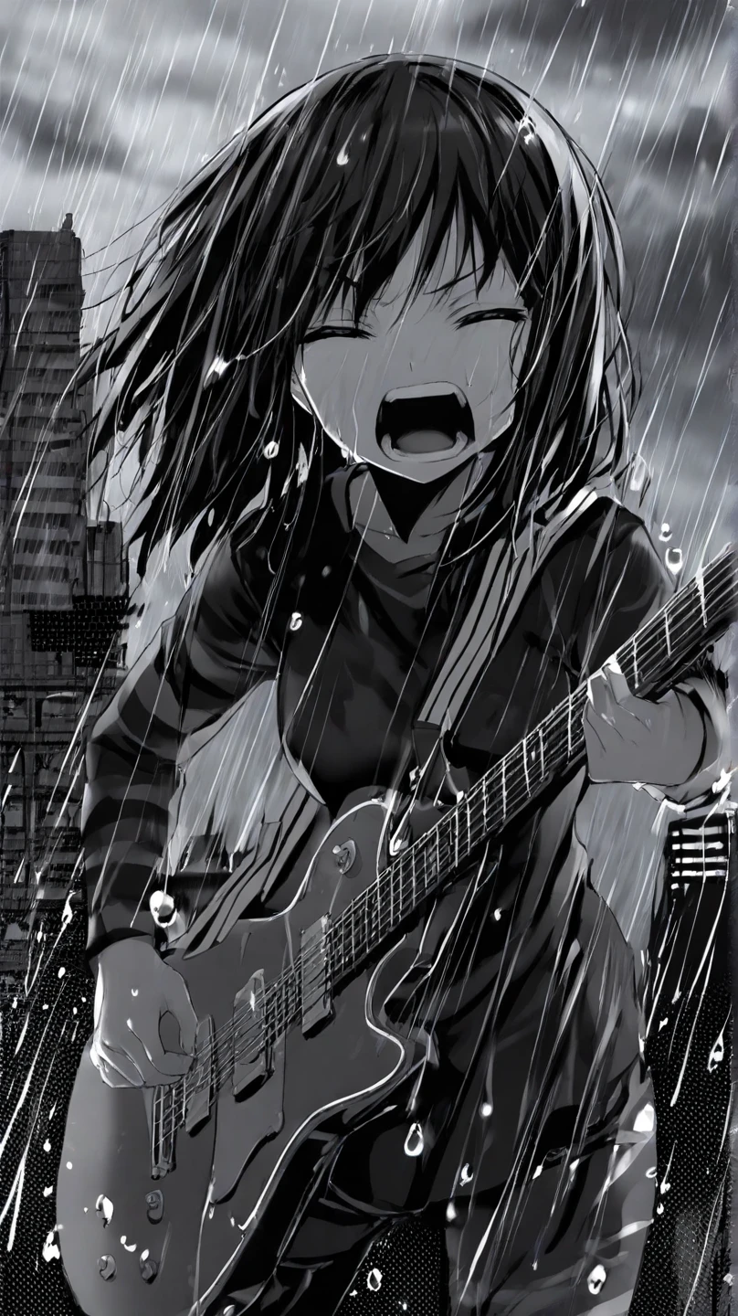 (masterpiece, best quality:1.2), girl standing in the rain, close-up on her screaming face, heavy rain, wet hair clinging to her face, screaming intensely, eyes closed tightly, punk rock clothes, black and white, monochromatic, wet clothes, holding an electric guitar, dark cloudy sky, city in the Background, dramatic and angry atmosphere, water droplets on her skin, dramatic shadow, cinematic