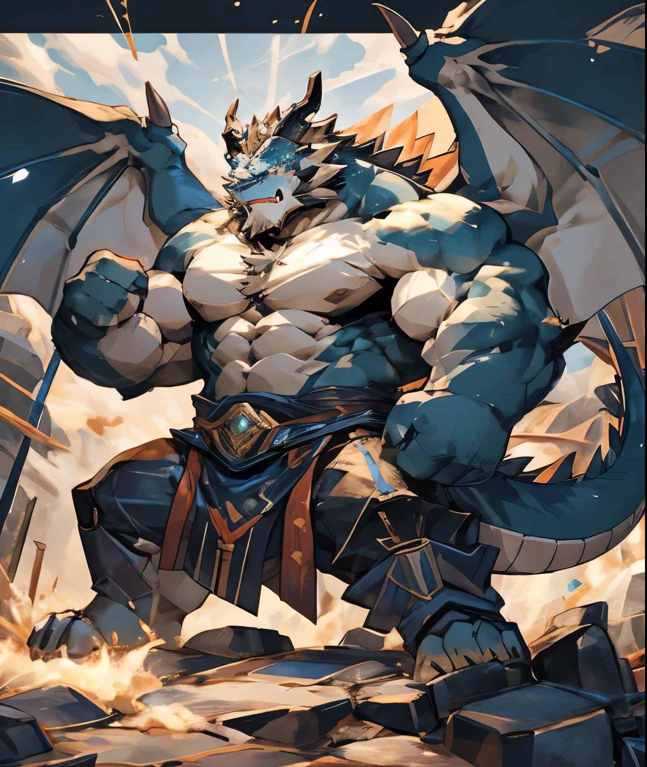 A white gray tiger orc,Robust construction,Muscular,Like a born strong man。His skin looks healthy and fair.,Muscle and fat intertwined,Create unique skin texture,Perfect and powerful。
His arms are as strong as iron pillars,Well-defined muscles,It seems to contain infinite power。Palms are generous,Sharp fingers and claws,Showing his wildness and strength。
He has a broad mind,Muscle bulge,As if it could withstand any impact。Very good abdominal muscles,The waist is full of strength,Like an indestructible mountain。
His legs are Muscular,Seems to be able to overcome any obstacle。Calf muscle lines are smooth,Full of power,Appear strong and agile。
There is a pair of huge dragon wings behind,The feathers are as white as snow,Wing membrane is strong and durable,Muscle and fat comparison,Create a unique aesthetic。dragon'The tail behind is strong and powerful,The scales at the end of the tail shone with a cold light,Showing his majesty and mystery。
The whole picture is dominated by cold colors.,emphasizes the power and majesty of the white dragon orc。In the treatment of light and shadow,Let the gentle sunshine shine on him,Make his muscles more three-dimensional and vivid。at the same time,Pay attention to his facial expressions and eyes,He showed his perseverance and courage,Like an invincible strongman。