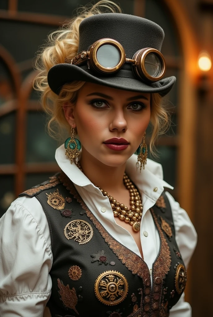 female dressed as steampunk character, lingerie, tattoos, (full body visible), looking at viewer, portrait, photography, detailed skin, realistic, photo-realistic, 8k, highly detailed, full length frame, High detail RAW color art, piercing, diffused soft lighting, shallow depth of field, sharp focus, hyperrealism, cinematic lighting