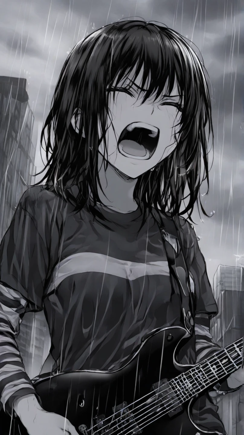 (masterpiece, best quality:1.2), girl standing in the rain, close-up on her screaming face, heavy rain, wet hair clinging to her face, screaming intensely, eyes closed tightly, punk rock clothes, black and white, monochromatic, wet clothes, holding an electric guitar, dark cloudy sky, city in the Background, dramatic and angry atmosphere, water droplets on her skin, dramatic shadow, cinematic