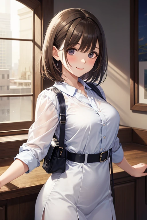 brown hair, twintails, letter, envelope, large breasts, blue collared shirt, jeans, belt, patio, box, package, hat, messenger bag, mailman, <lora:Mgear-10:0.6>, <lora:mailman-10:0.6>,